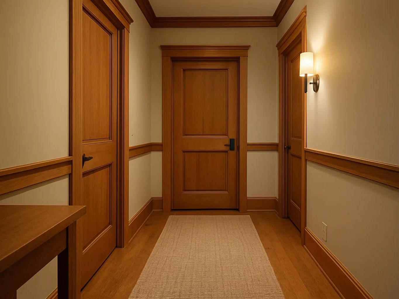 A narrow hallway shows three wooden doors, cream walls, a wall sconce, and a long beige runner rug