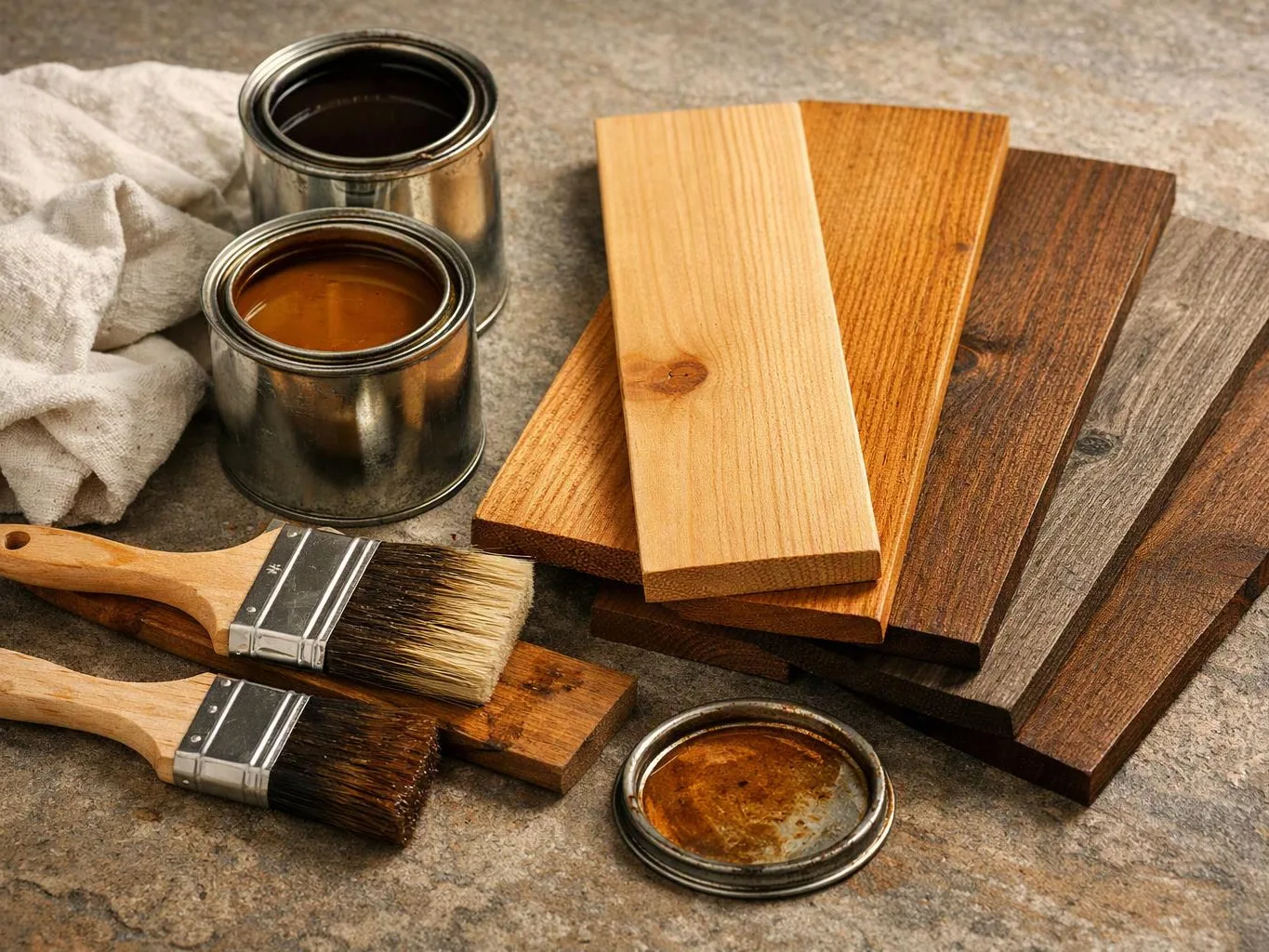 Paintbrushes, open stain cans, and wood sample boards are arranged on a textured stone surface