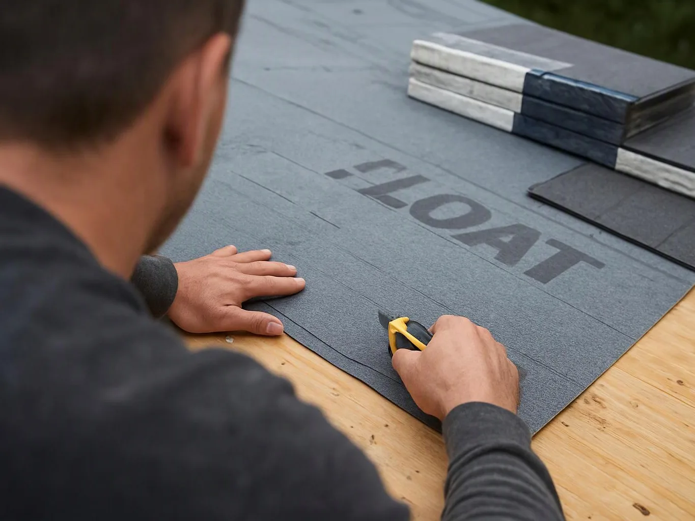 A person cuts gray roofing material on a wooden workbench, with stacked tiles nearby