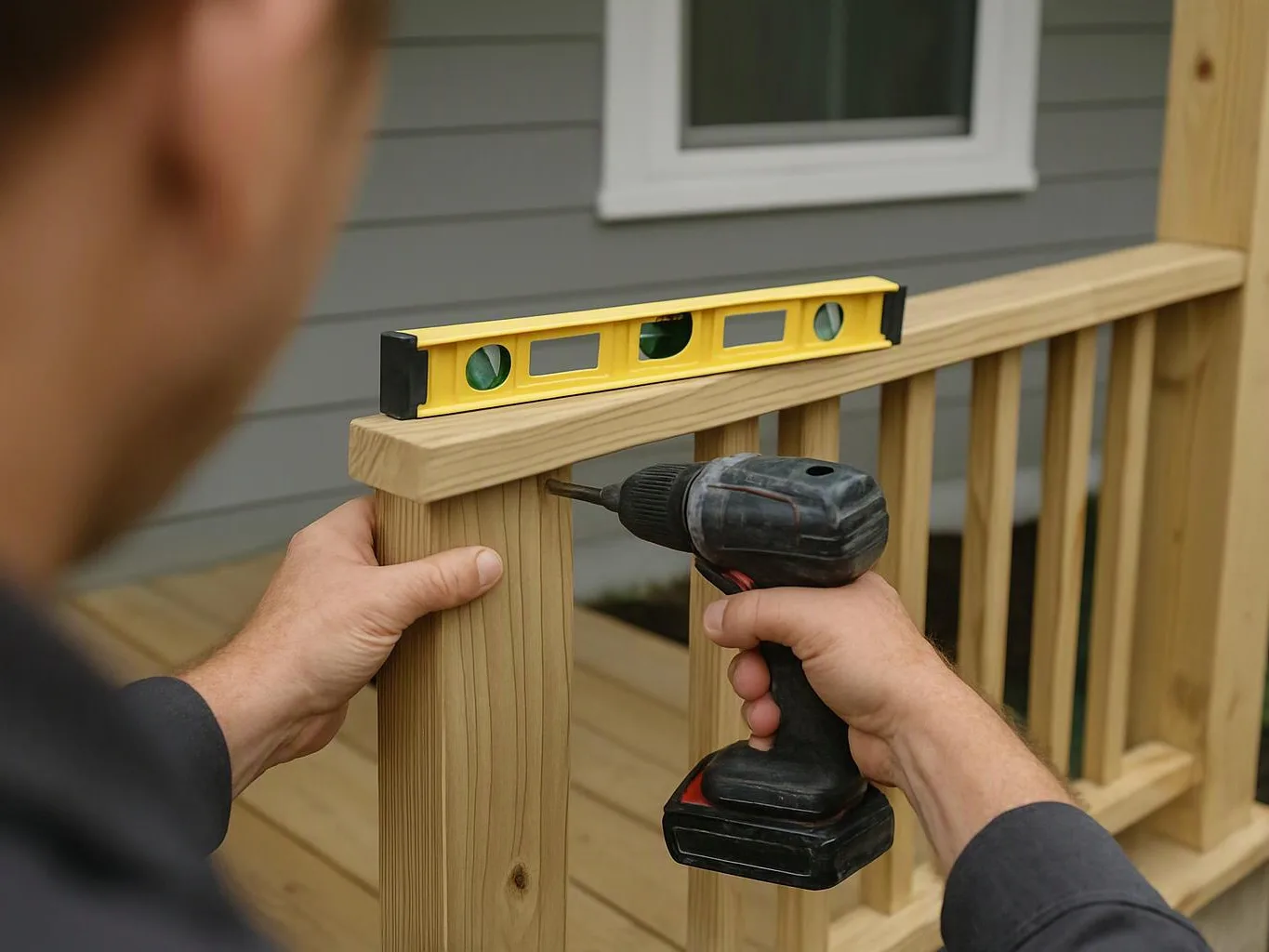 A person drills a wooden porch railing while holding a level on top outdoors