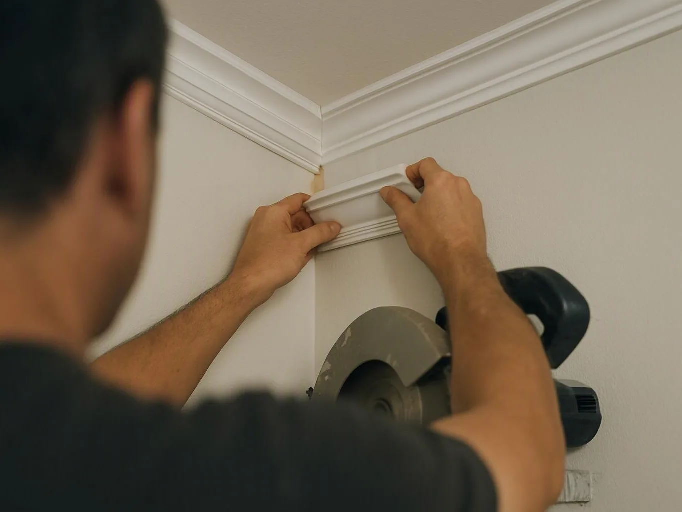 A person fits white crown molding into a corner while holding a power saw in a bare room