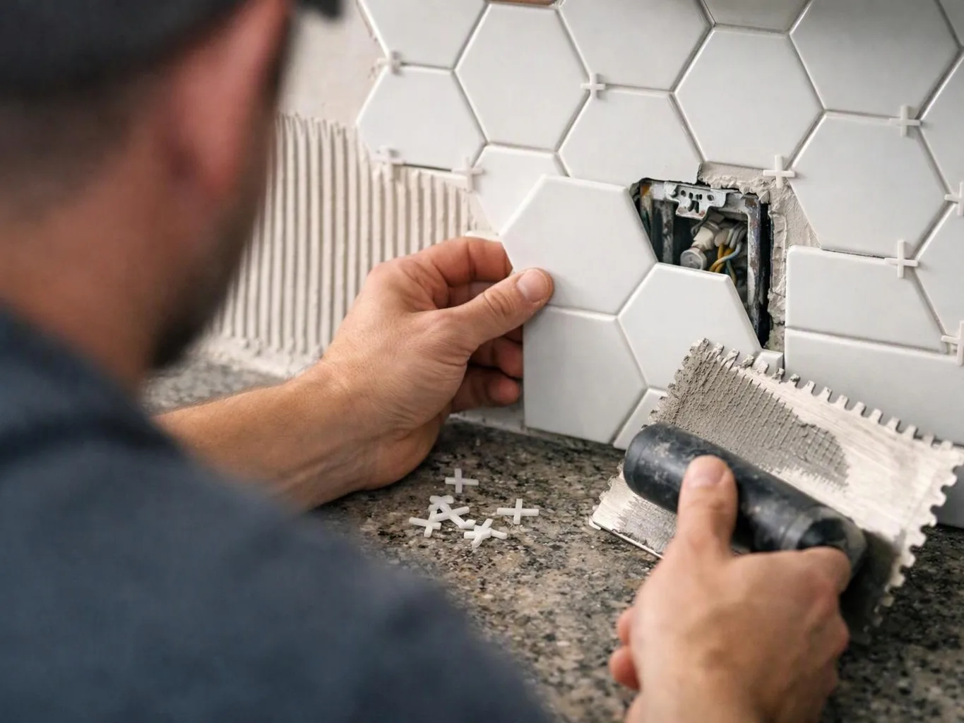 A person fits white hexagonal tiles around an exposed wall outlet on a countertop