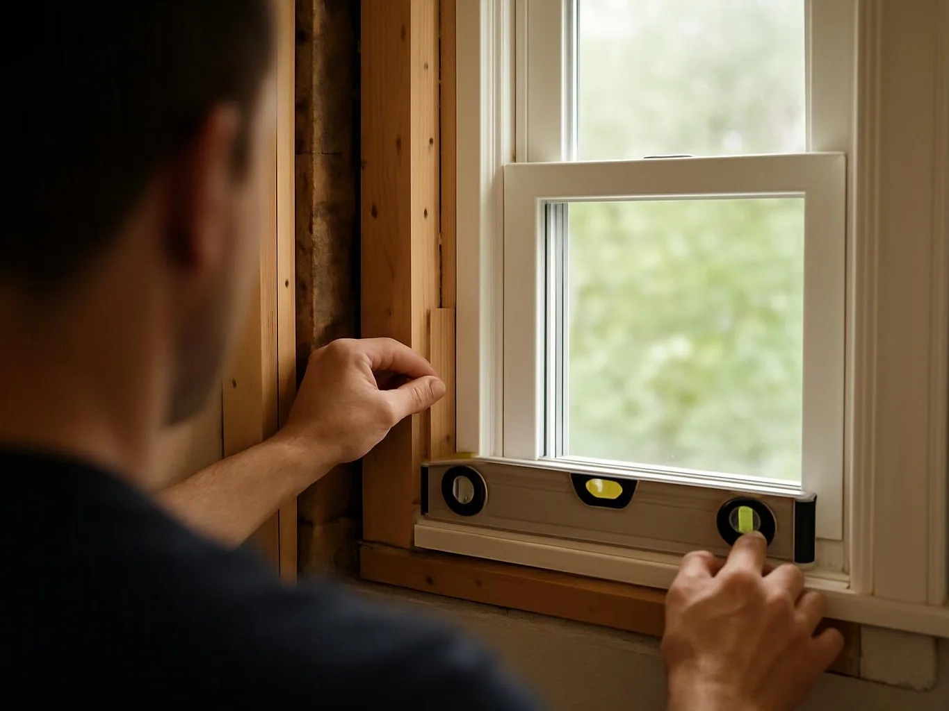A person installs a window frame with a level, inside a partly finished wall by a bright window