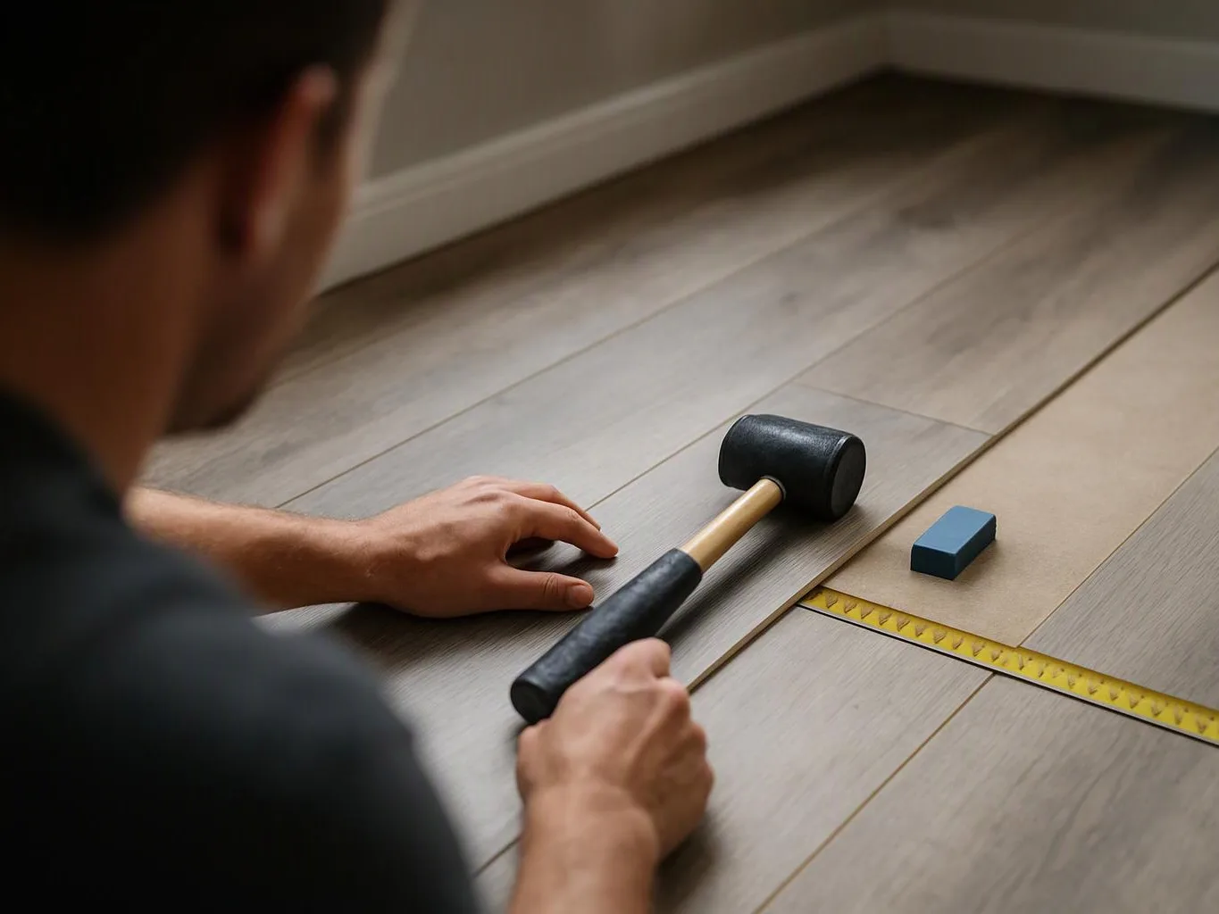 A person kneels on wood flooring, holding a rubber mallet beside a blue spacer and measuring tape