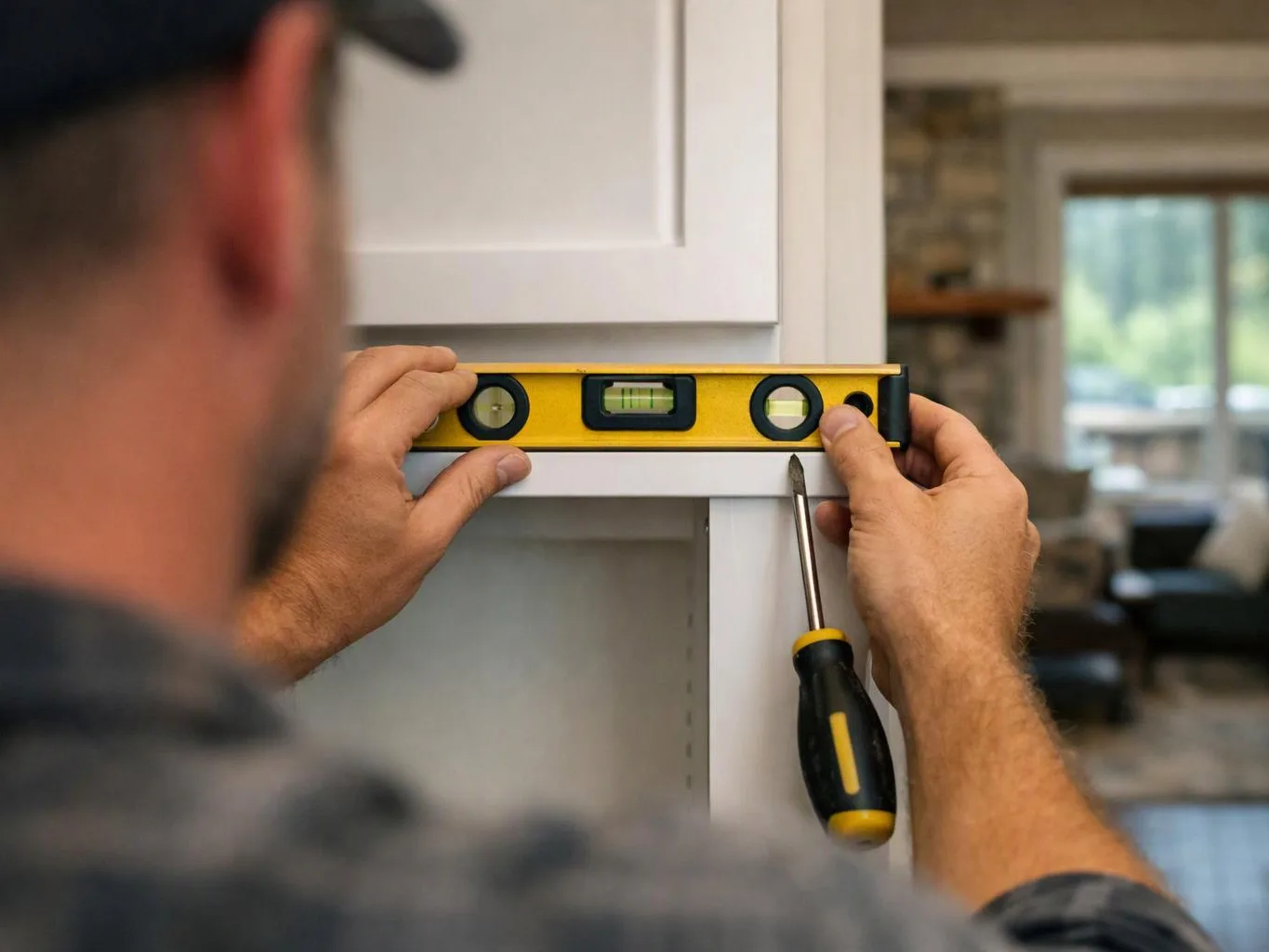 A person levels a white cabinet shelf with a yellow spirit level and screwdriver in a home interior