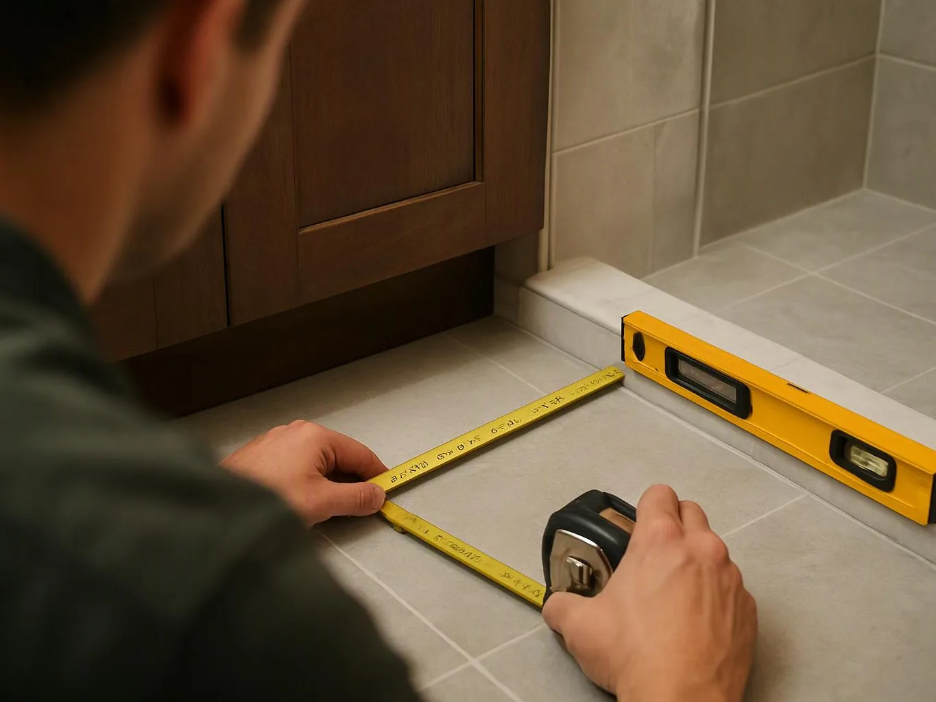 A person measures a tiled floor corner with a tape measure and yellow level beside a cabinet