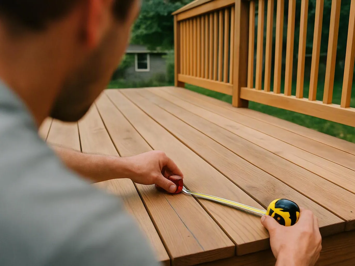 A person measures a wooden deck with a tape measure on an outdoor railing area