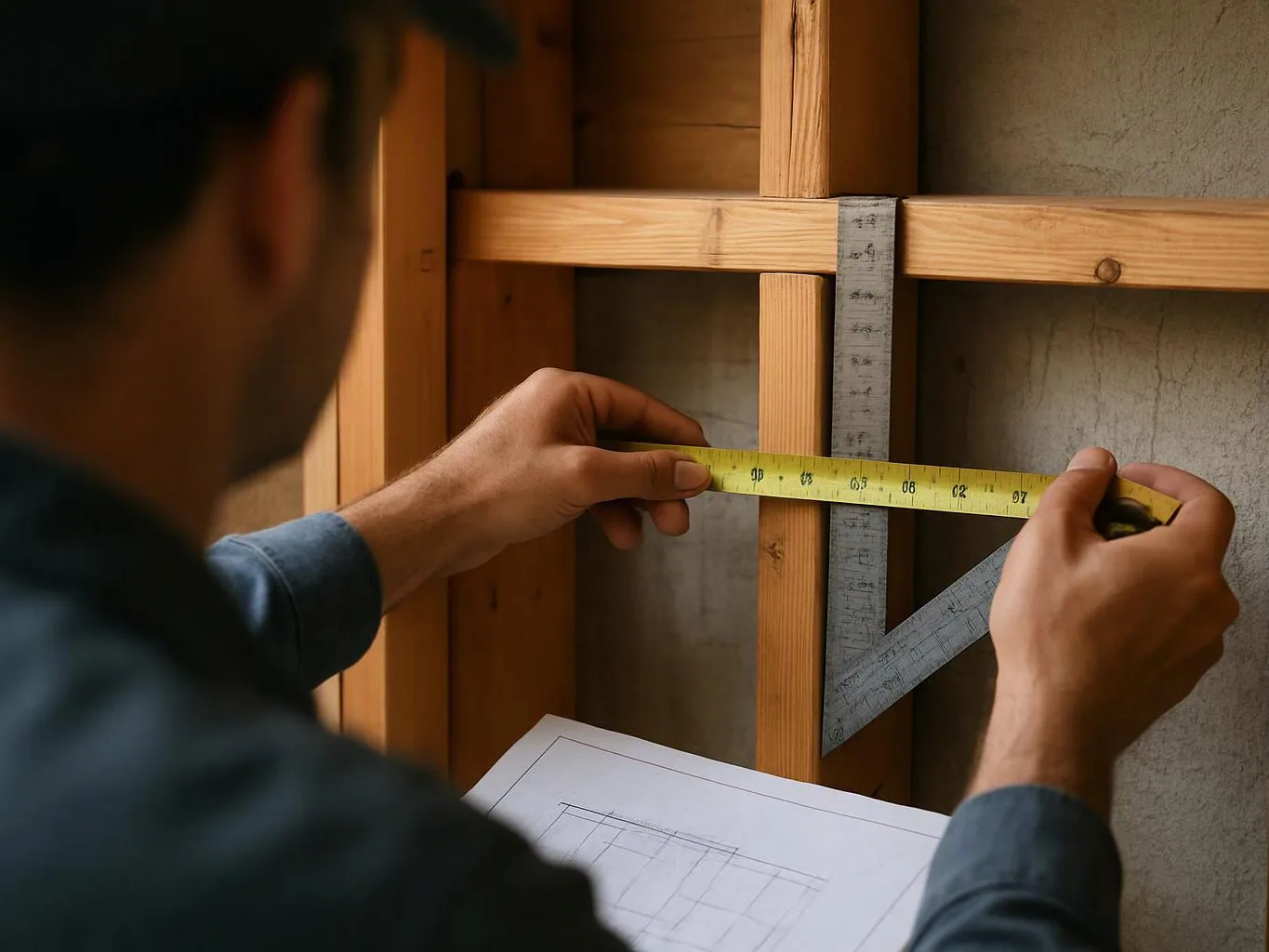 A person measures a wooden wall frame with a tape measure and metal square, holding a plan in a room