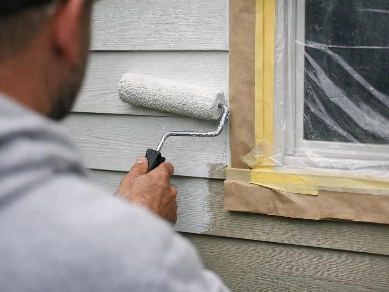 A person paints gray siding with a roller beside a masked window and taped trim
