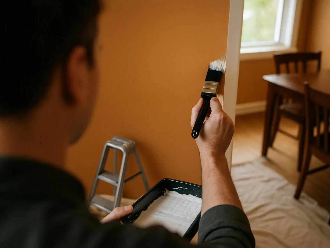 A person paints a wall with a brush in a room with a ladder, table, and covered floor