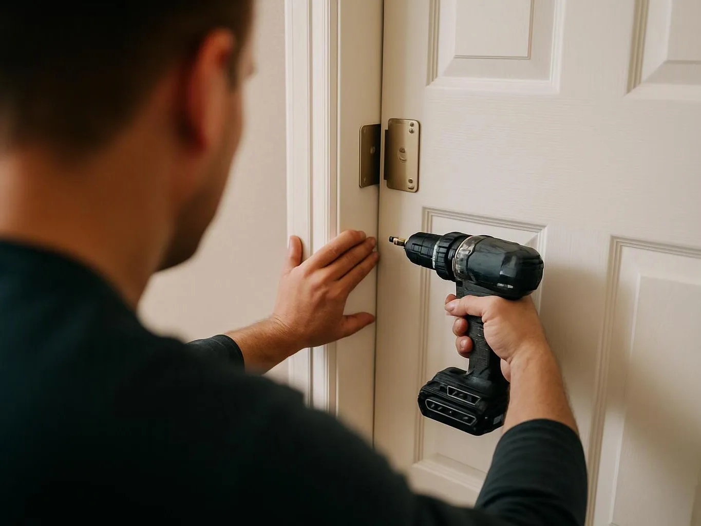 A person uses a cordless drill near a white door hinge while holding the door steady