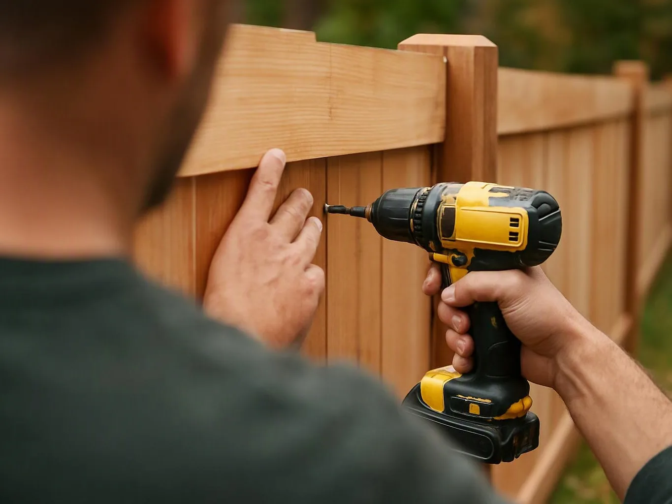 A person uses a yellow drill to fasten a wooden fence board outdoors
