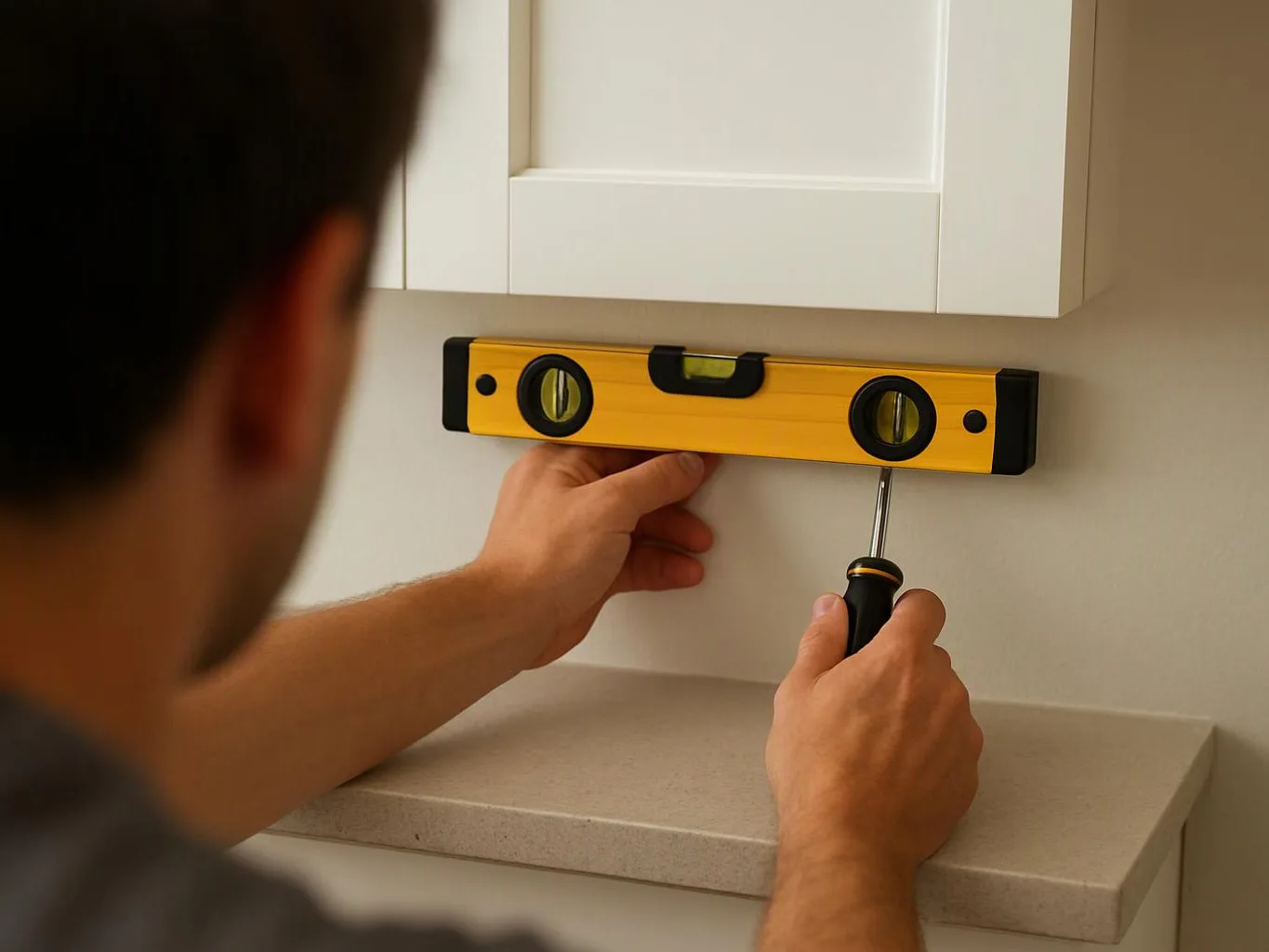 A person uses a yellow spirit level and screwdriver to mount a cabinet on a wall