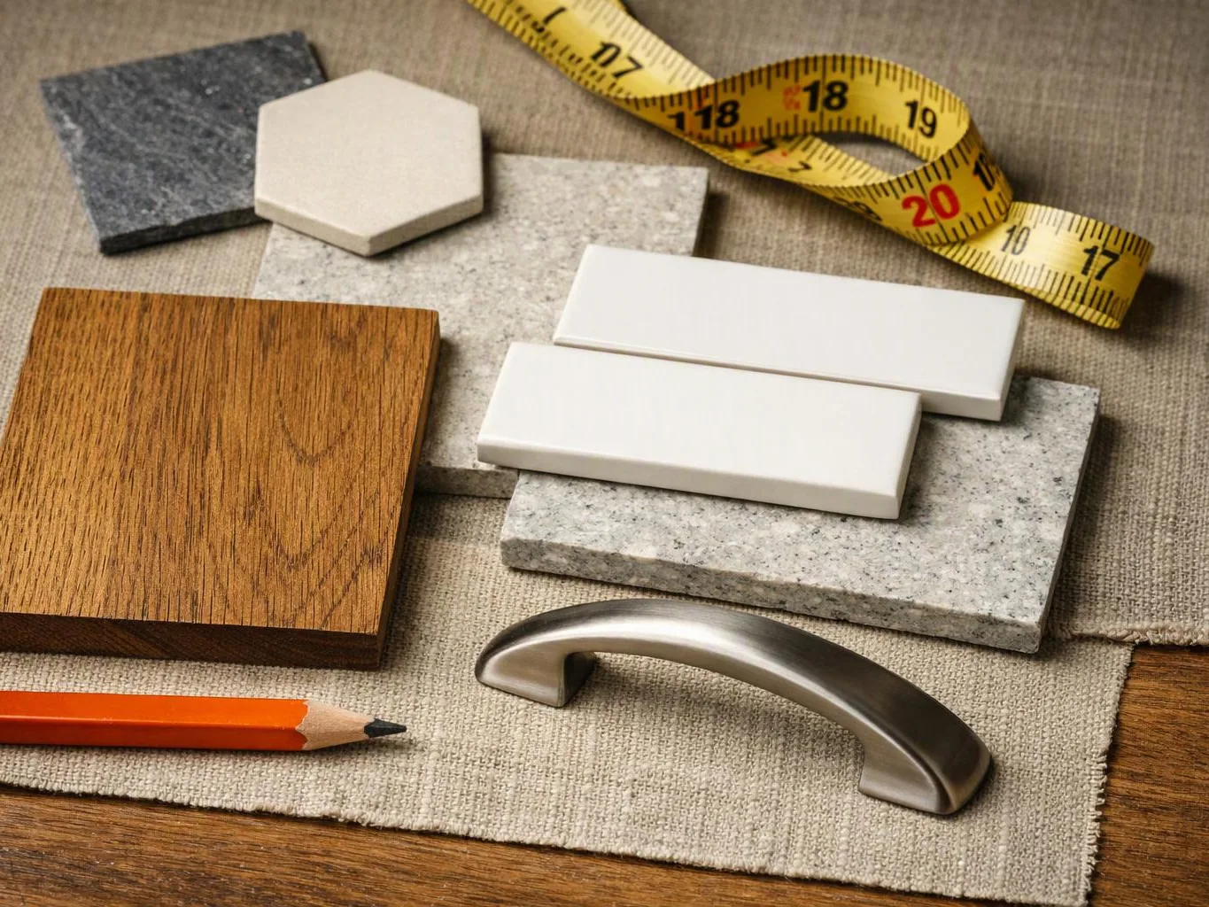 Sample flooring and hardware pieces, a measuring tape, and a pencil are arranged on fabric-covered wood flooring