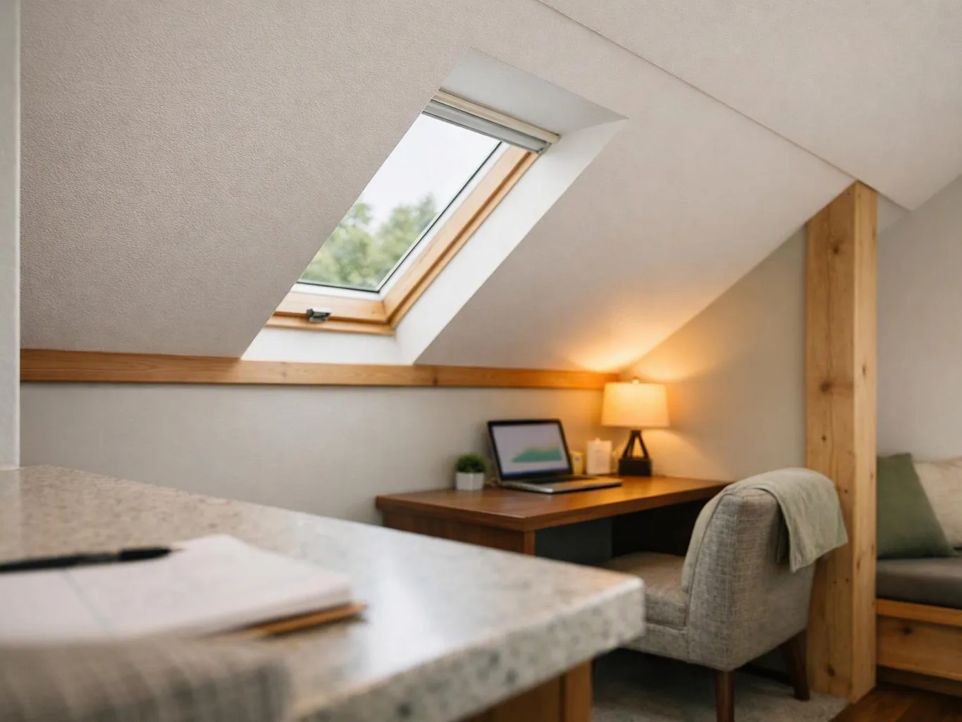 A small attic workspace with a laptop, lit table lamp, cushioned chair, and skylight window