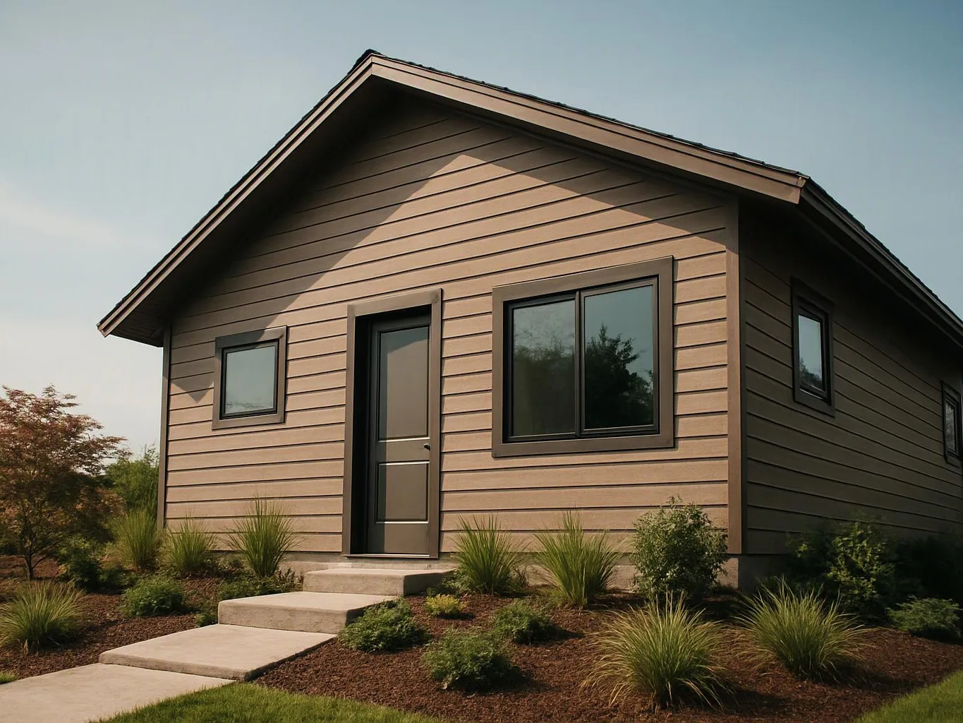 A small beige house with a dark roof sits behind a concrete path and trimmed shrubs