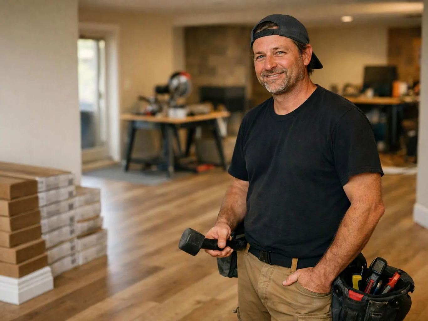 A smiling man in a backward cap holds a hammer in a home renovation room with stacked flooring boxes
