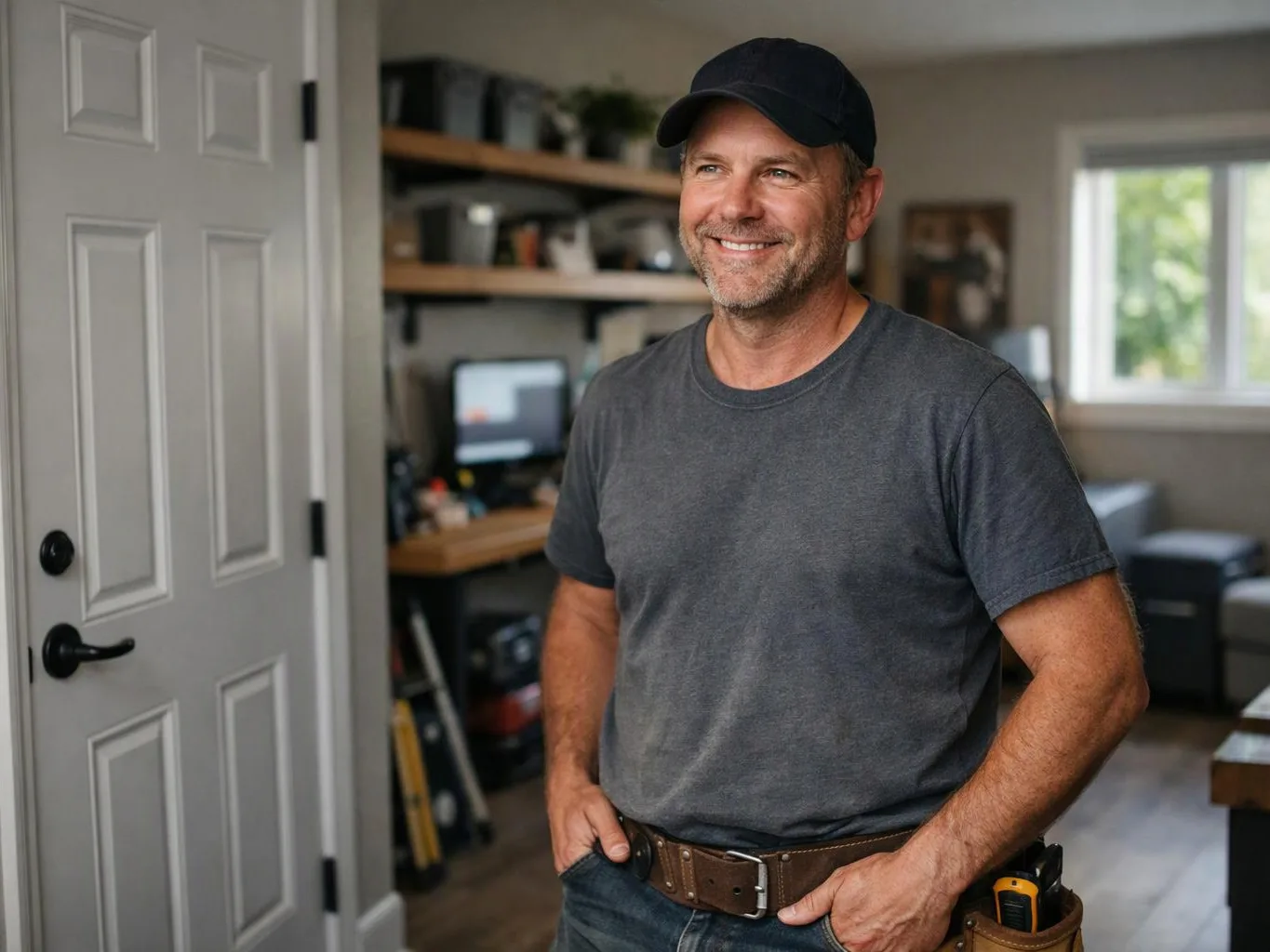 A smiling man in a cap stands in a home office with shelves, a desk, and a bright window behind him