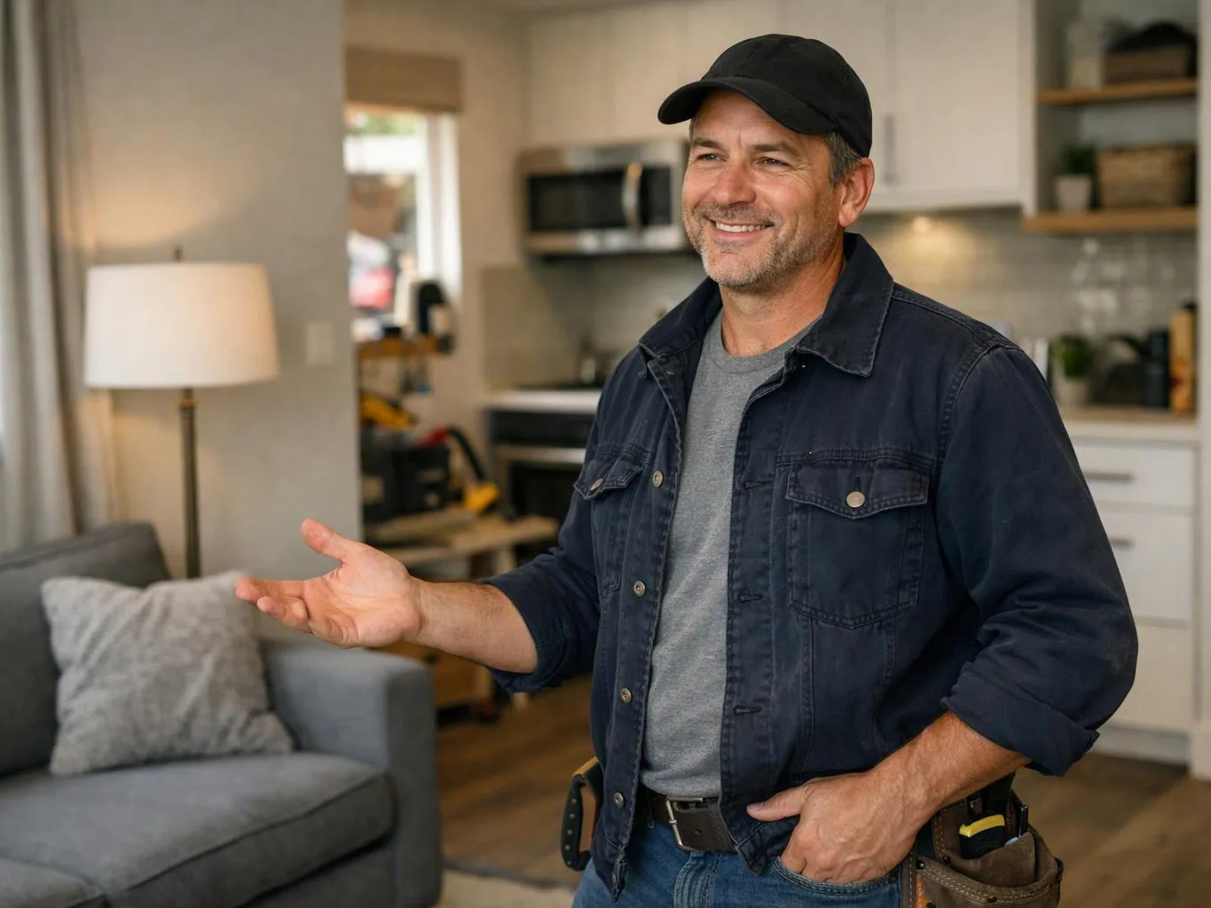 A smiling man in a cap stands in a modern living room, gesturing with one hand while wearing a tool belt