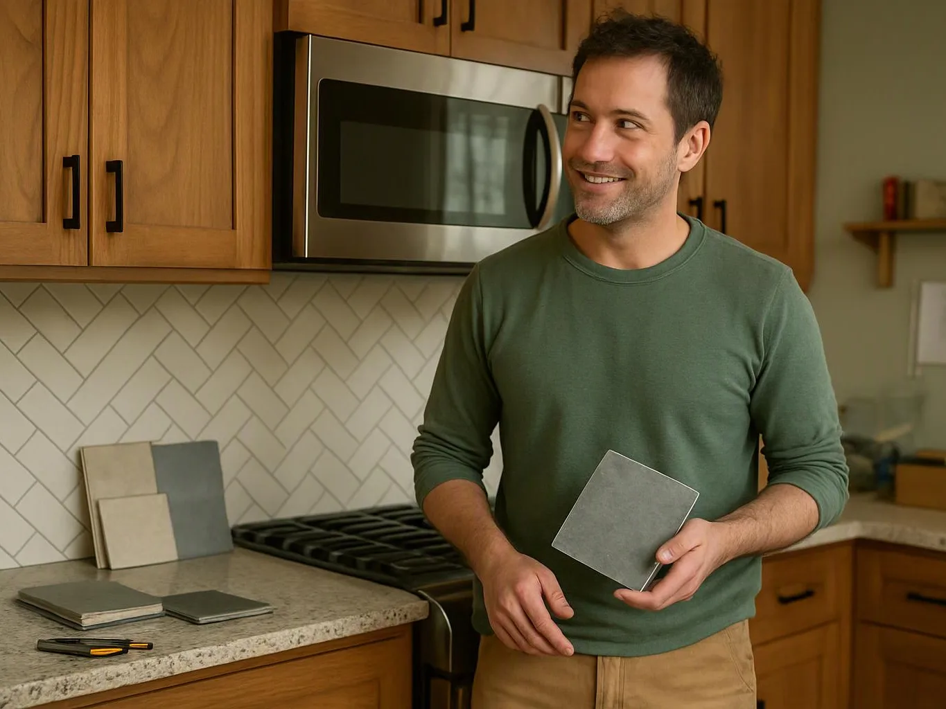 A smiling man holds a gray tile sample in a modern kitchen with wood cabinets and a stove