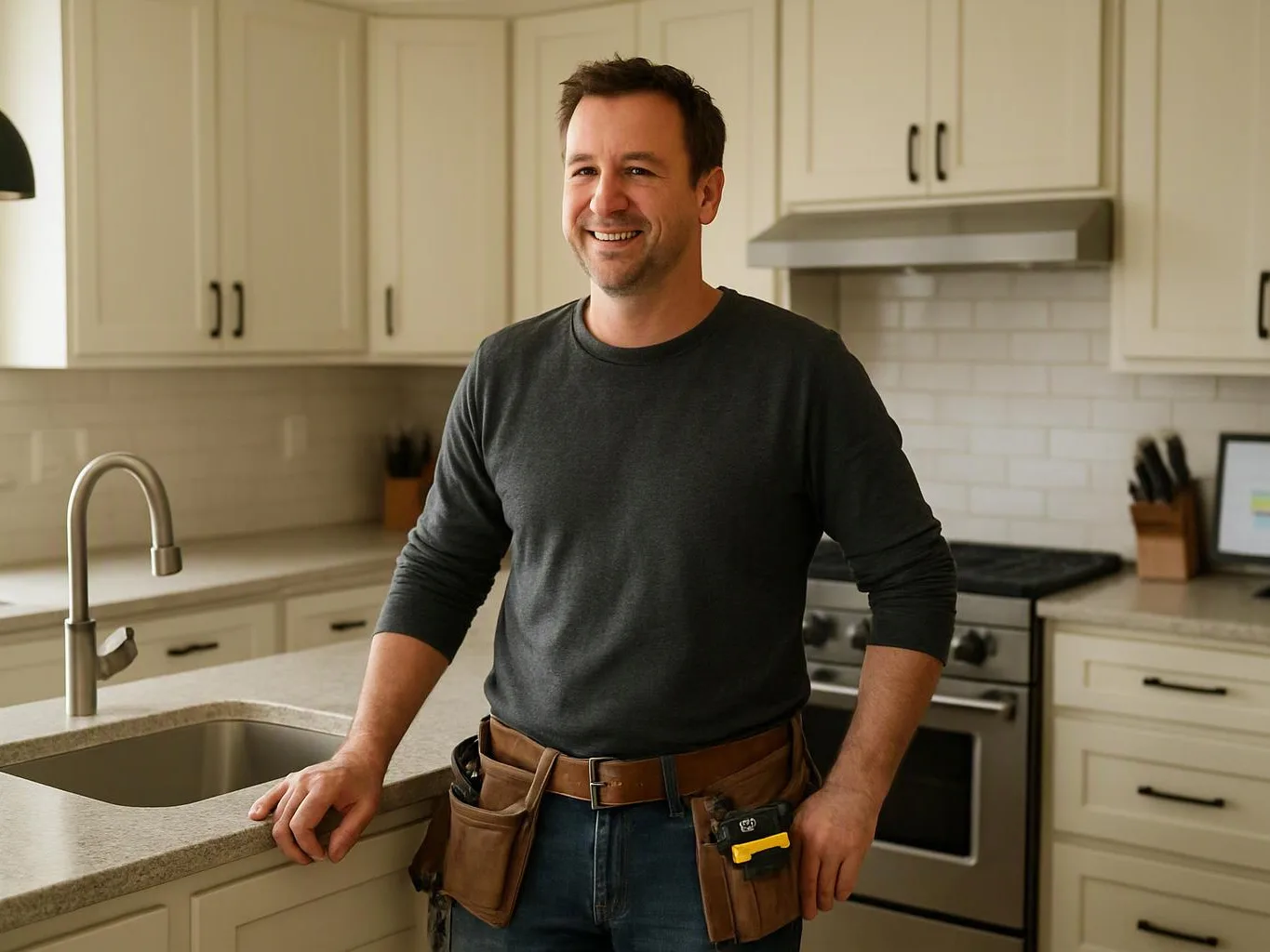A smiling man stands in a bright kitchen, leaning on the counter beside a sink and stove while wearing a tool belt