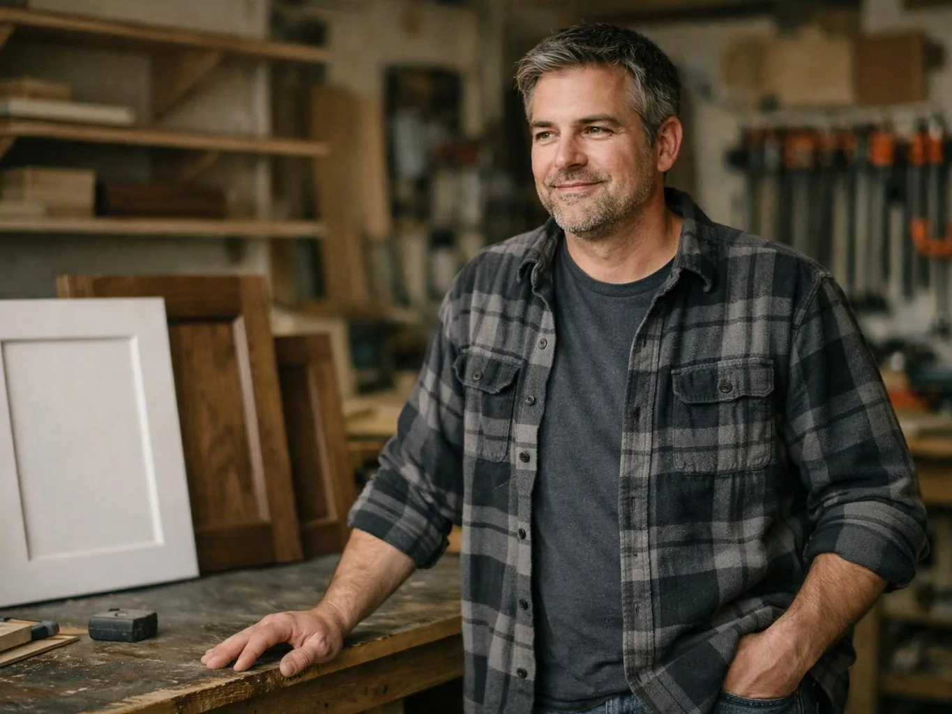 A smiling man stands in a woodworking shop beside a workbench with cabinet doors and tools