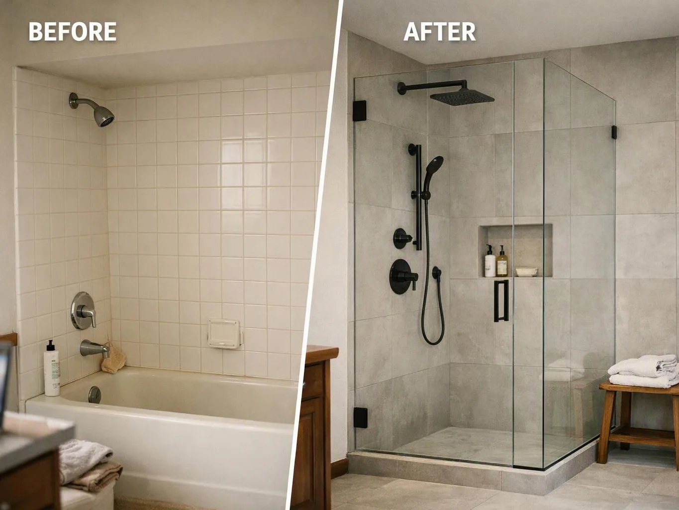 Split bathroom image showing a basic tub shower before and a glass walk-in shower after