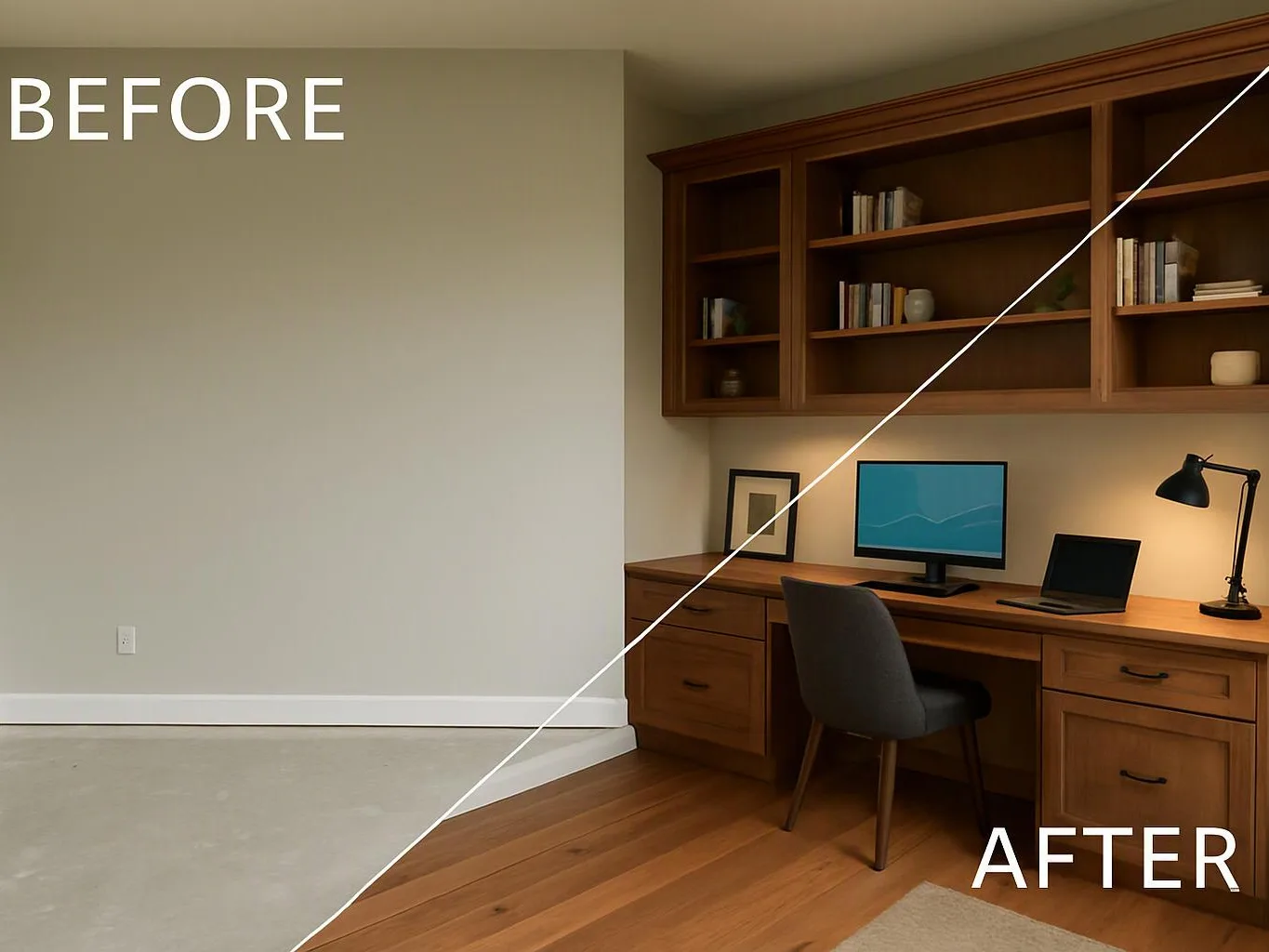 Split before-and-after of a home office, with an empty room on the left and a furnished desk area on the right