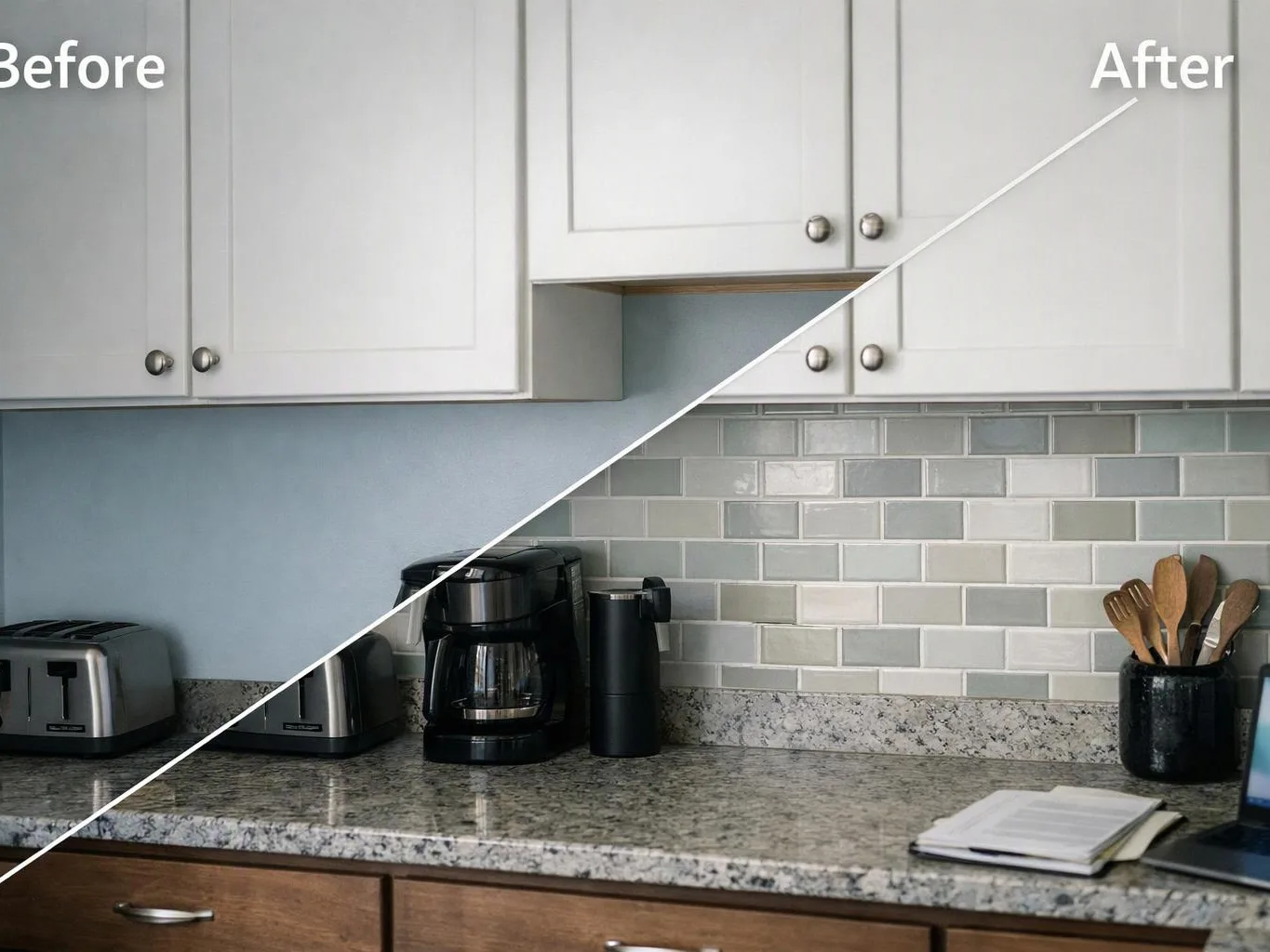 A split before-and-after kitchen counter shows white cabinets, a tiled backsplash, and countertop appliances