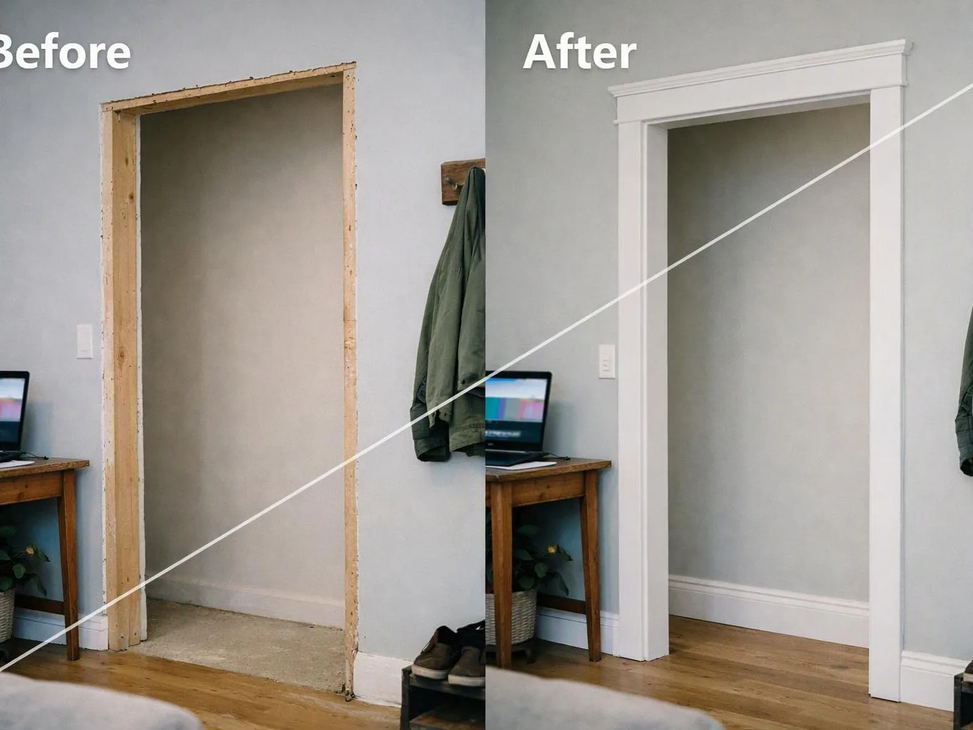 Split before-and-after view of a doorway changing from a bare opening to a white trimmed doorframe