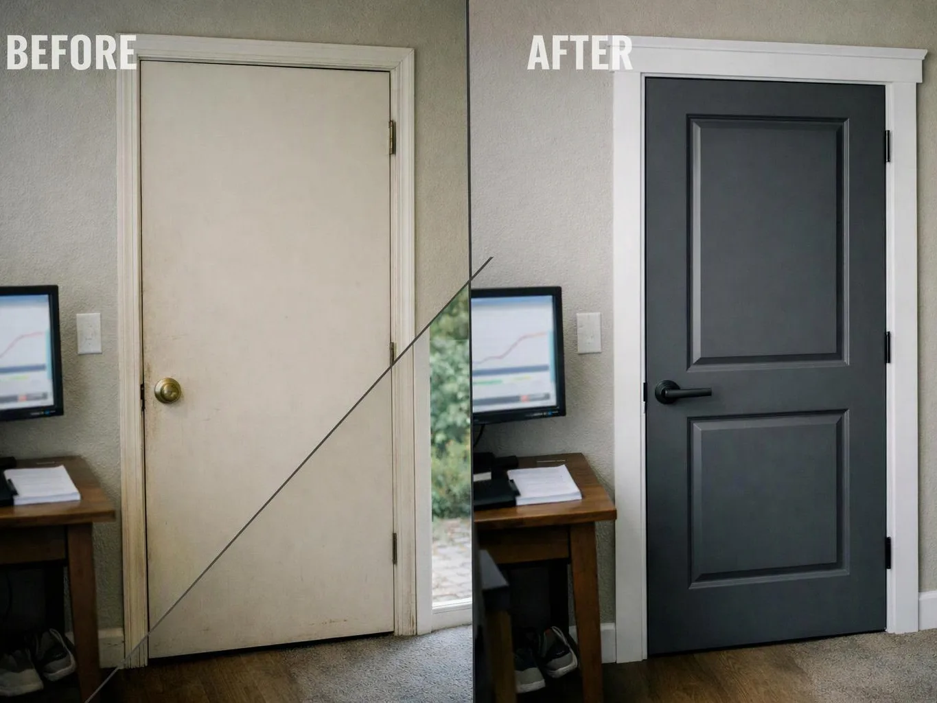 Split before-and-after view shows a beige interior door replaced by a dark painted door in an office-like room