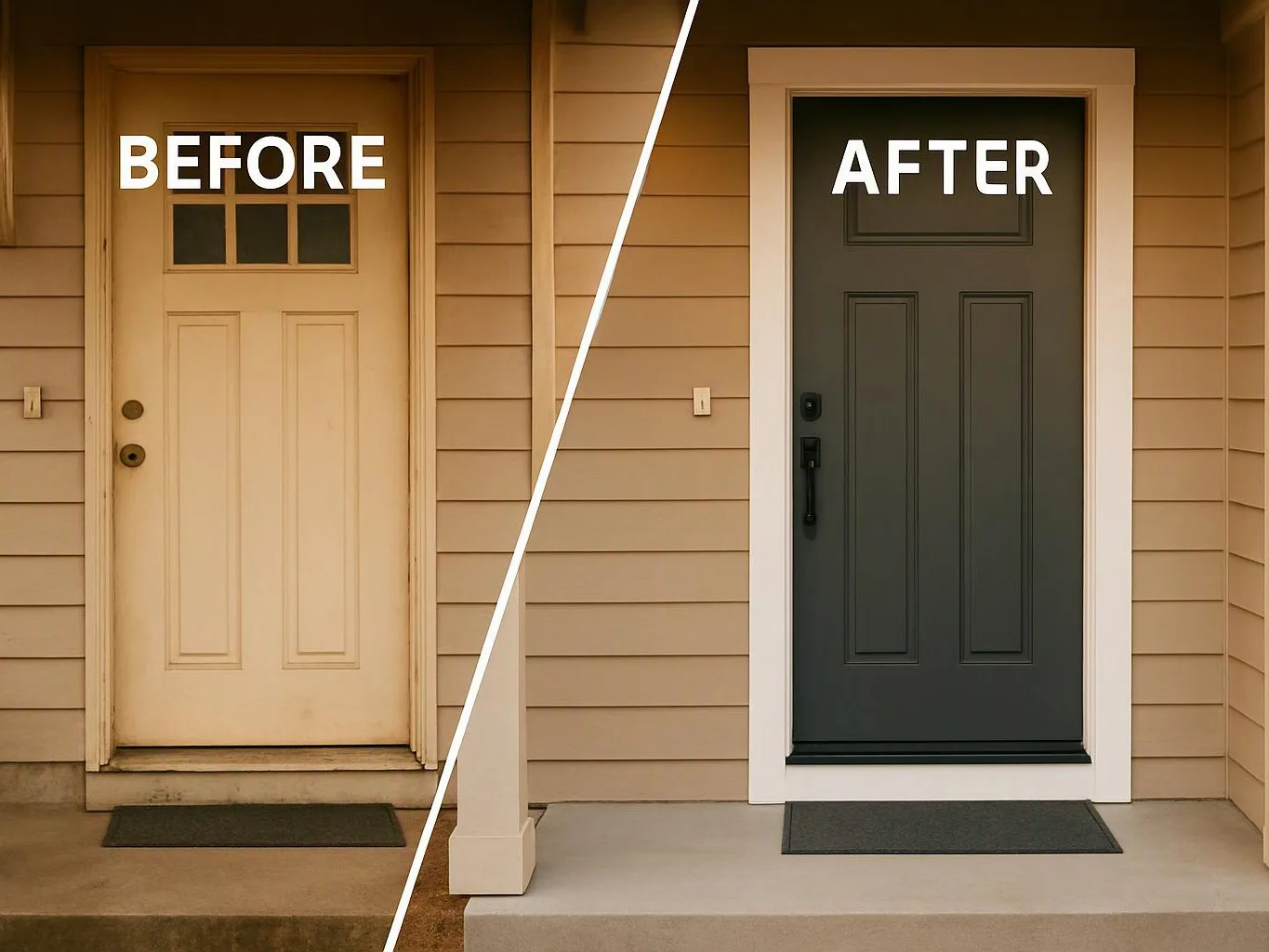 A split before-and-after view shows an old front door replaced by a dark new door on a porch