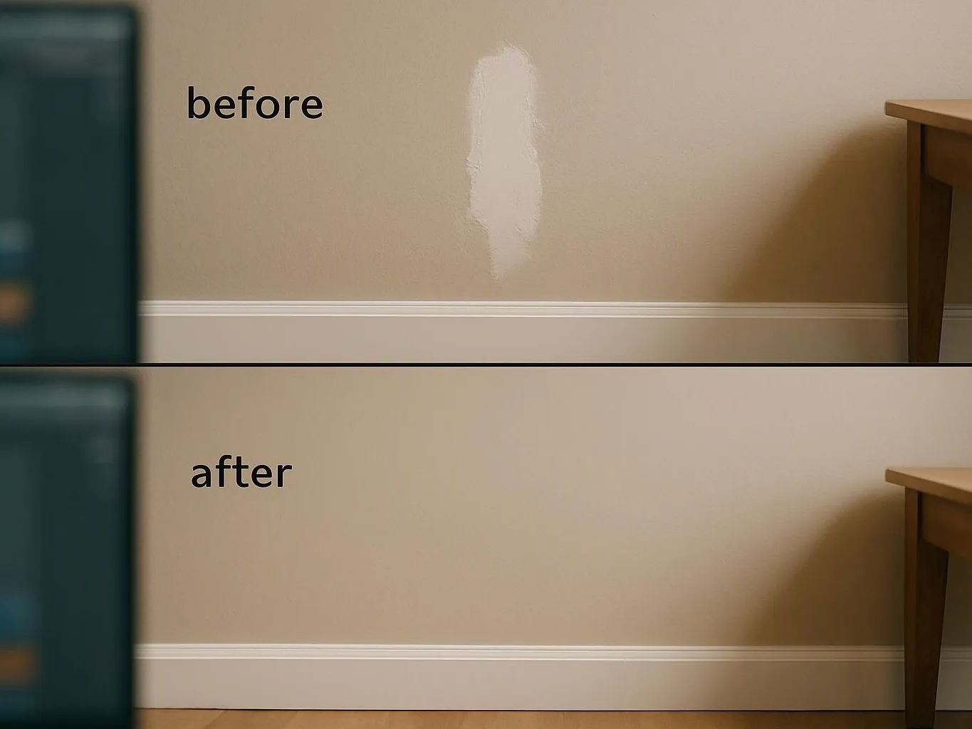 A split before-and-after view shows a wall patch painted over beside a table and baseboard in a room