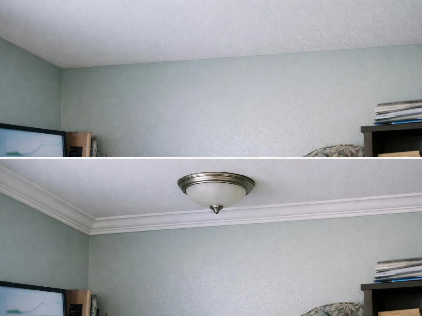 A split image shows a plain room ceiling, then the same room with crown molding and a flush ceiling light fixture
