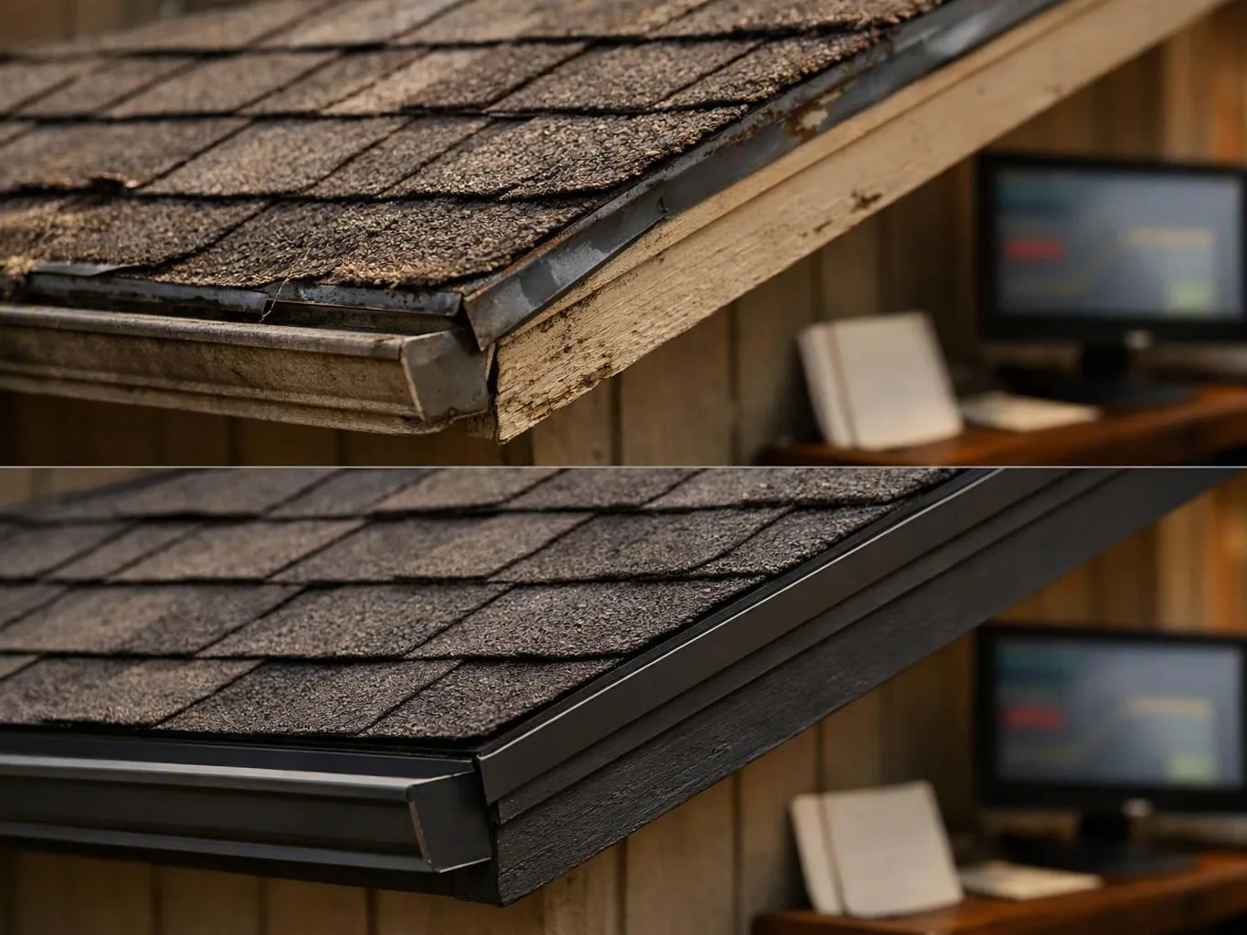 Split image shows a weathered roof edge above and a clean metal gutter replacement below