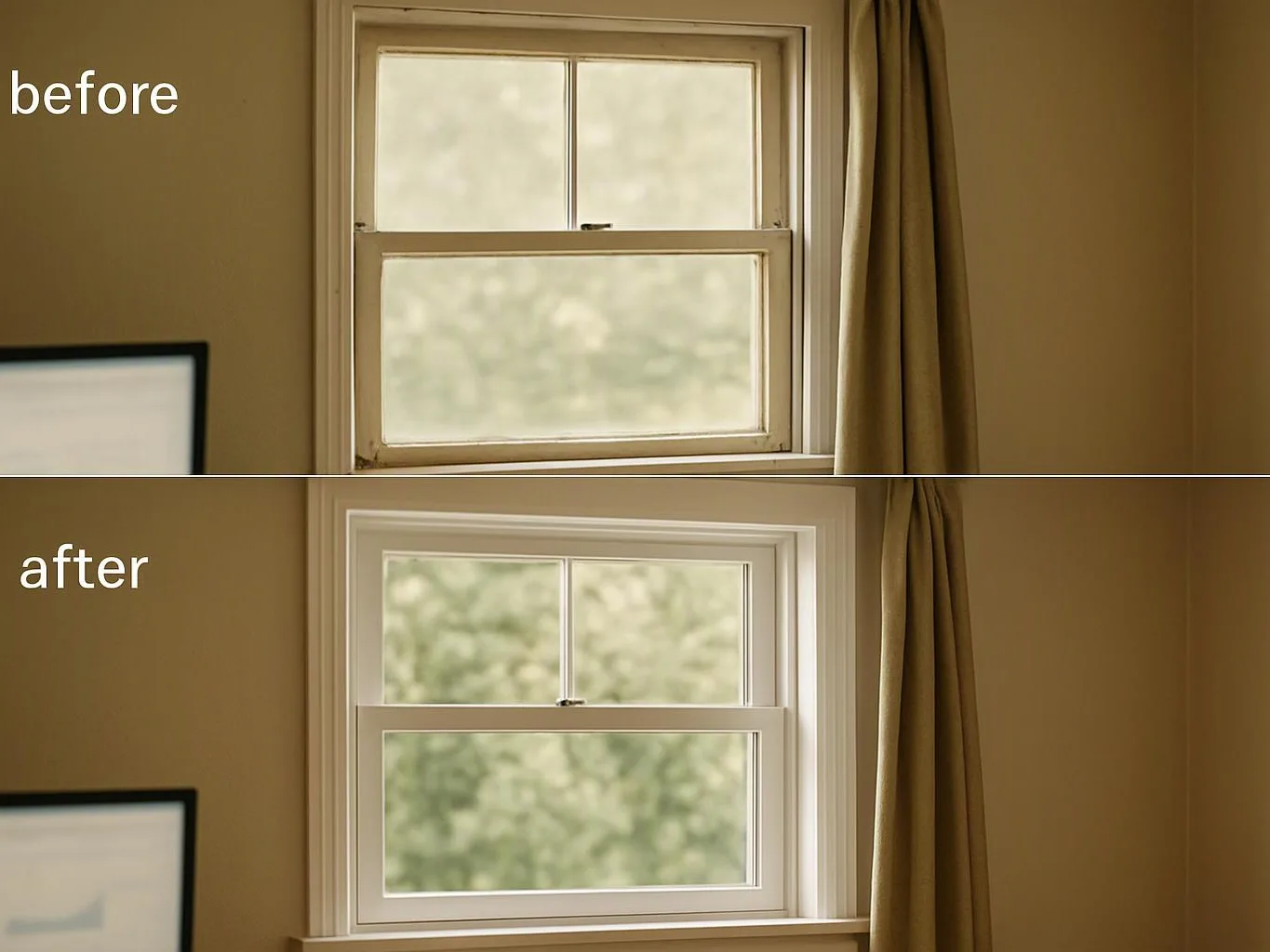 Split image shows a window before and after replacement, with curtains and blurred greenery outside