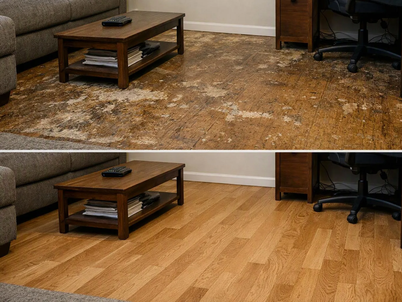 A split image shows a worn wooden floor above and a refinished floor below in a living room
