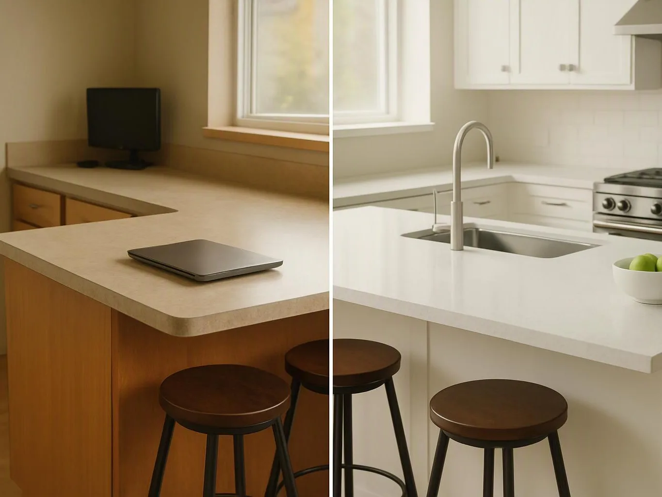 Split kitchen scene shows a laptop on a wood island, stools, and a white counter with sink and apples
