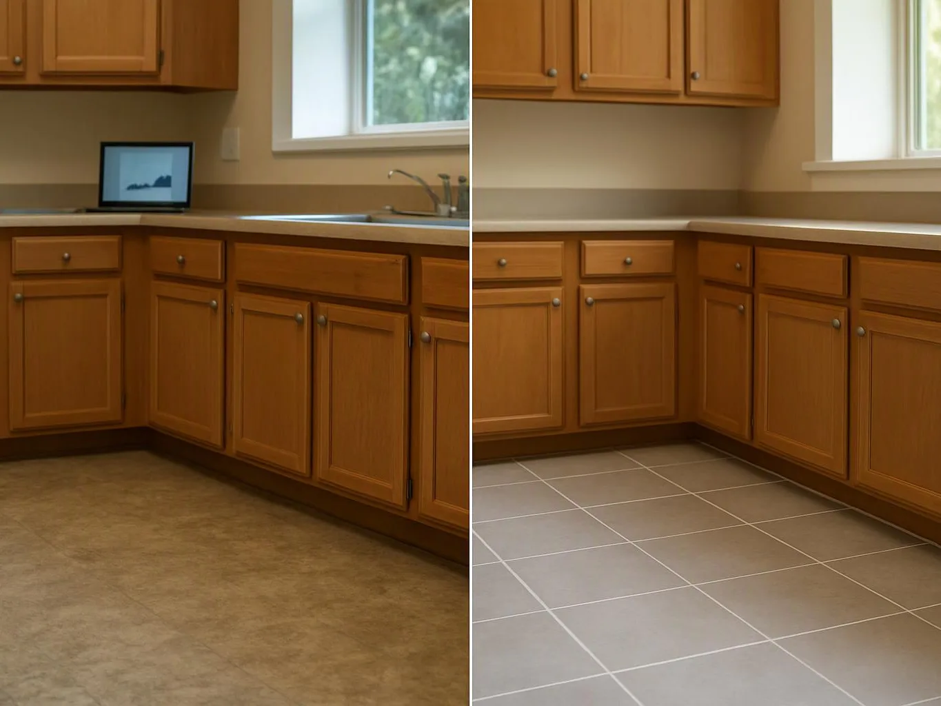 A split kitchen shows wood cabinets and a sink on the left with brown flooring, and gray tile on the right