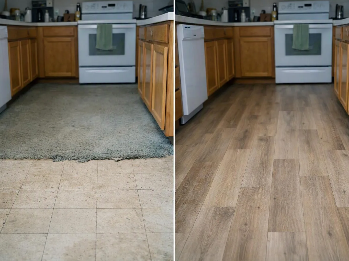 A split kitchen view shows worn vinyl flooring on the left and new wood-look flooring on the right