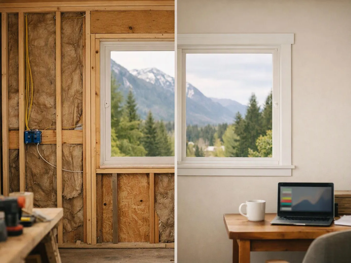 A split room shows exposed wall framing on the left and a finished home office with a laptop on the right