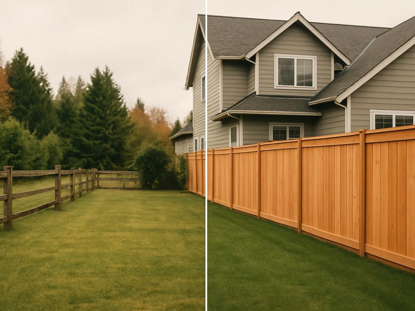 Split view of a backyard shows a wooden fence and house on one side, a tall new fence beside a gray home on the other