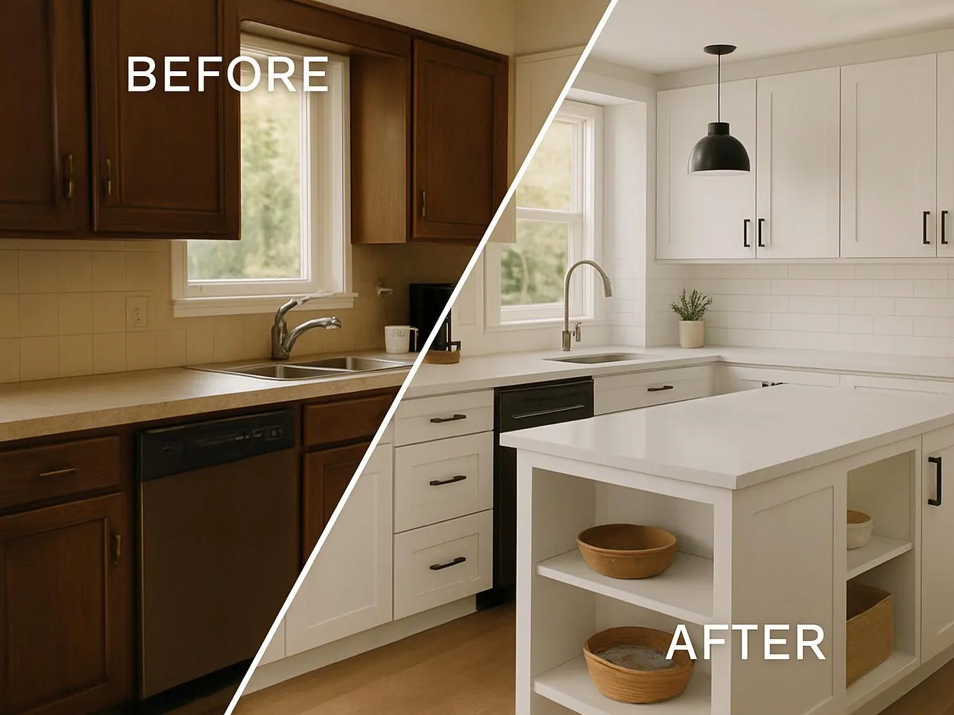 Split view of a kitchen before and after remodel