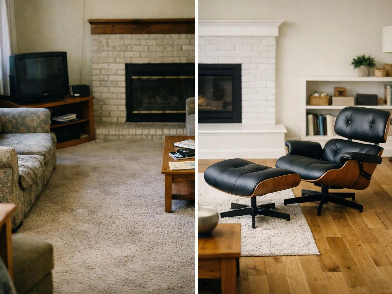 Split view of a living room before and after, showing a dated carpeted space and a bright modern seating area