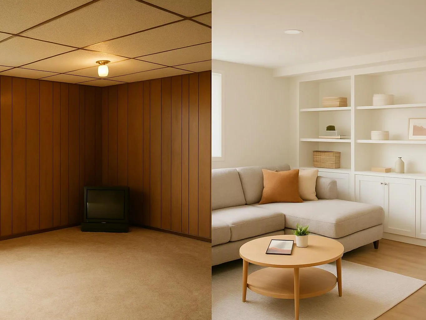 A split view shows a bare wood-paneled room with an old TV beside a bright living room with a sofa and shelves