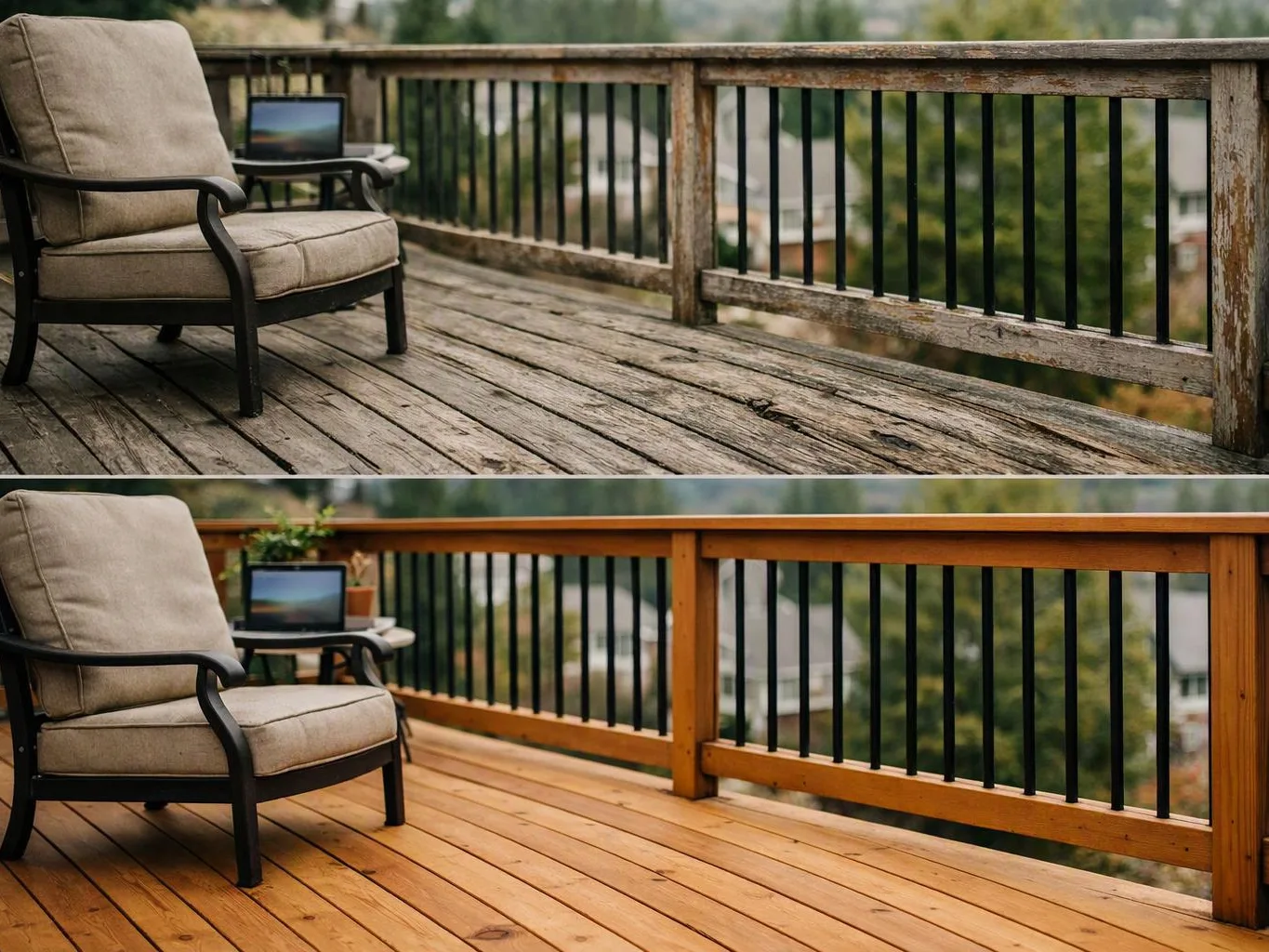A split view shows a cushioned chair, small table, and porch railing on a weathered deck above a blurred yard