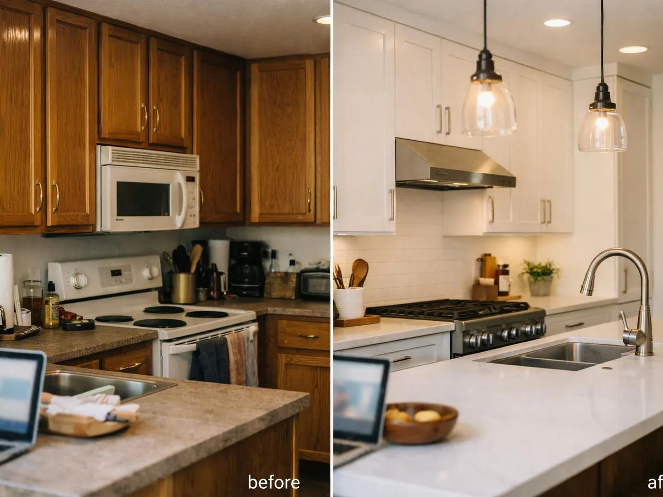 A split view shows a dated wood kitchen beside a bright white remodeled kitchen with pendant lights and a sink island