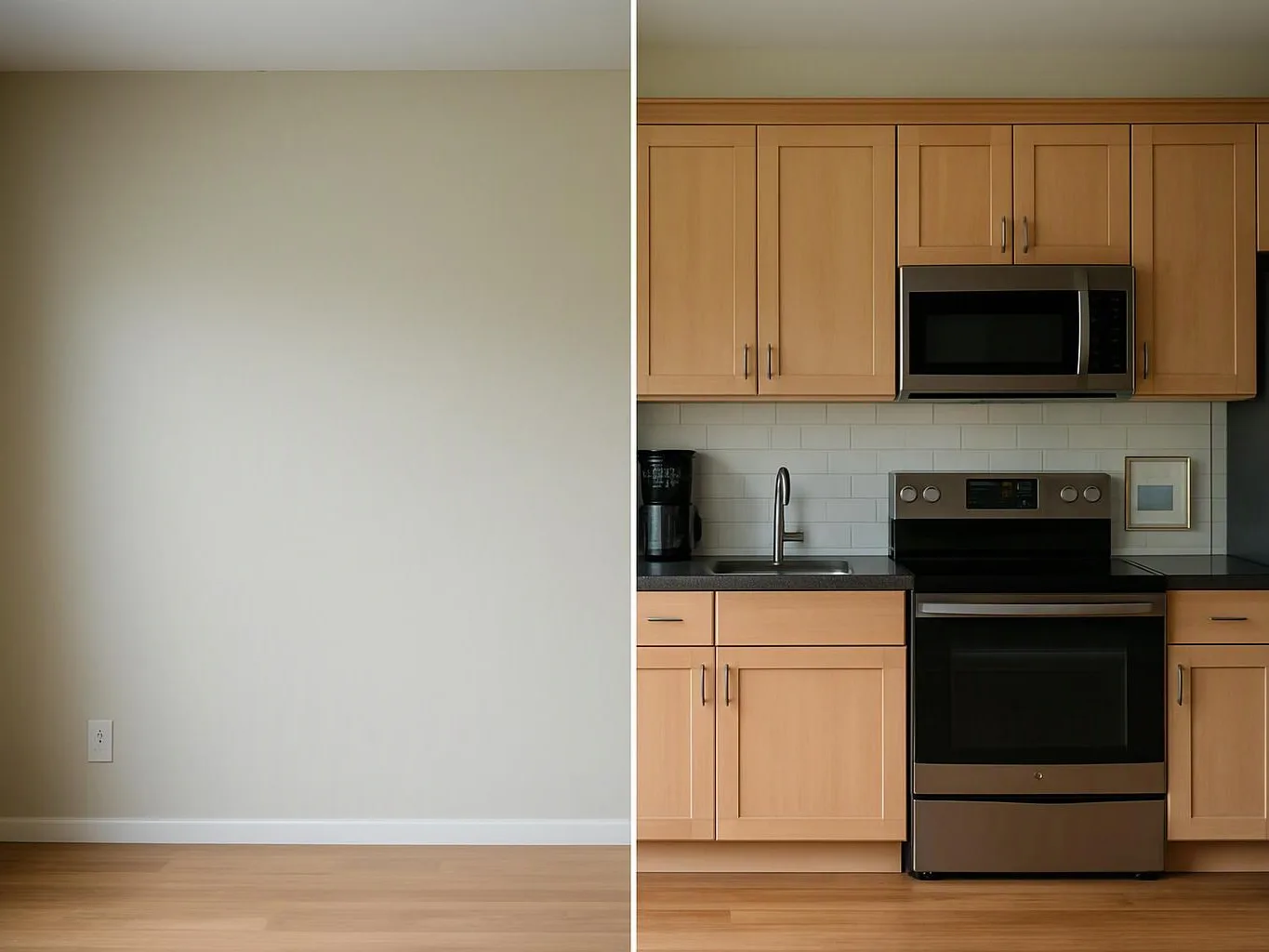 A split view shows an empty beige wall and a kitchen with wood cabinets, black appliances, and a sink