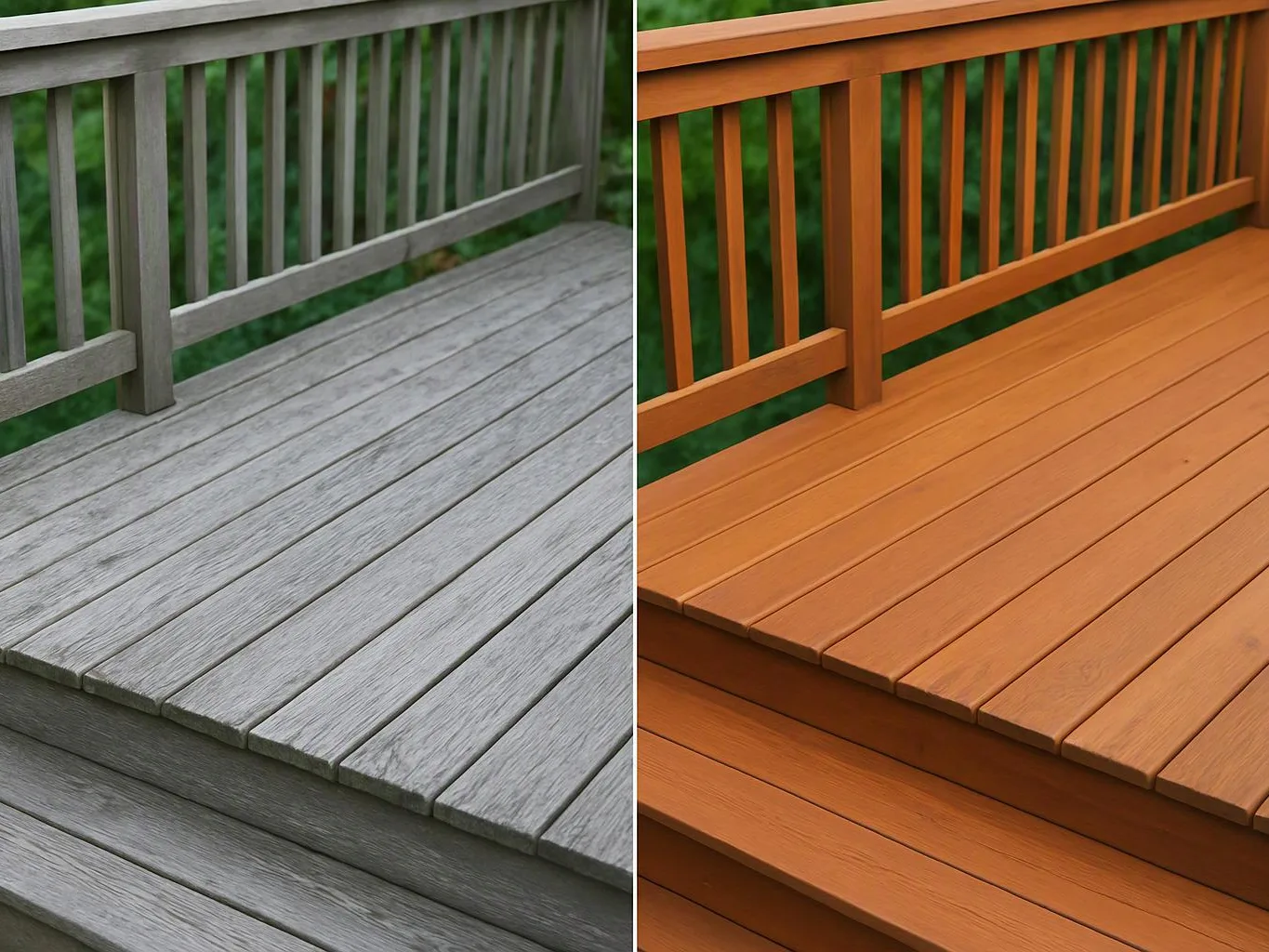 A split view shows a gray deck on the left and a warm wood deck on the right with railings and planks