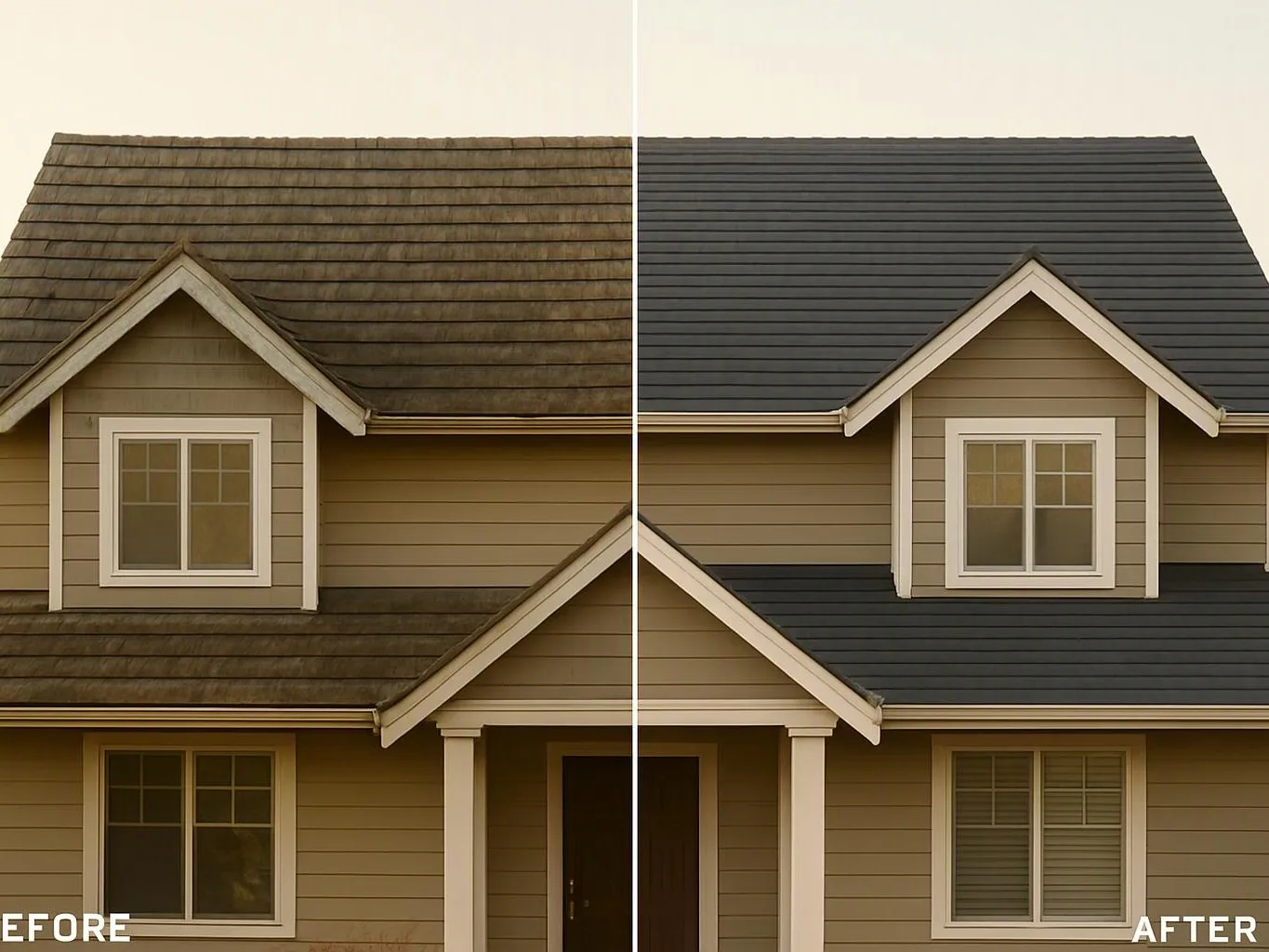 A split view shows a house roof before and after replacement, with darker new shingles on the right
